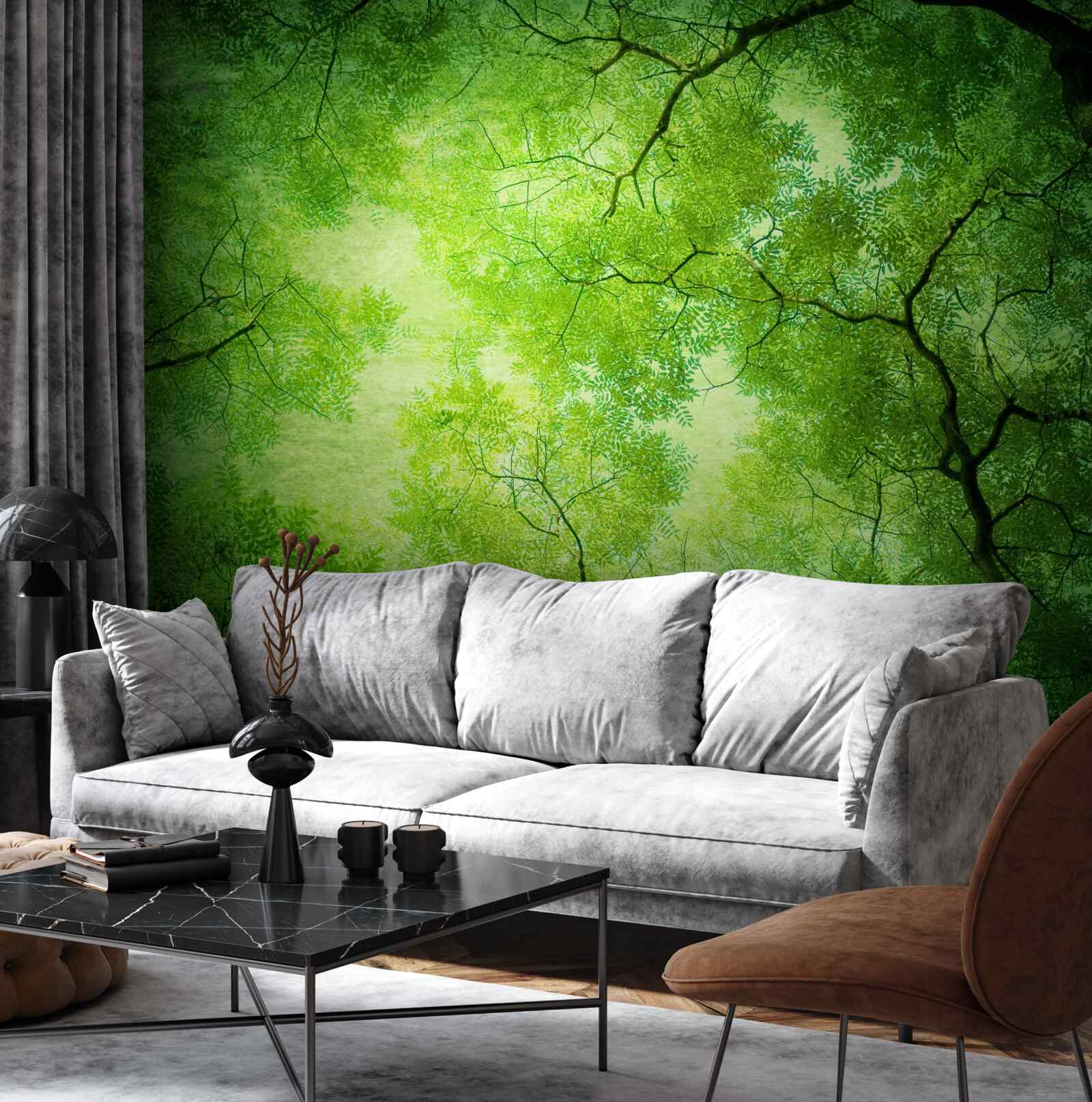 Papier peint un rayon de soleil perce le vert dense de la cime des arbres