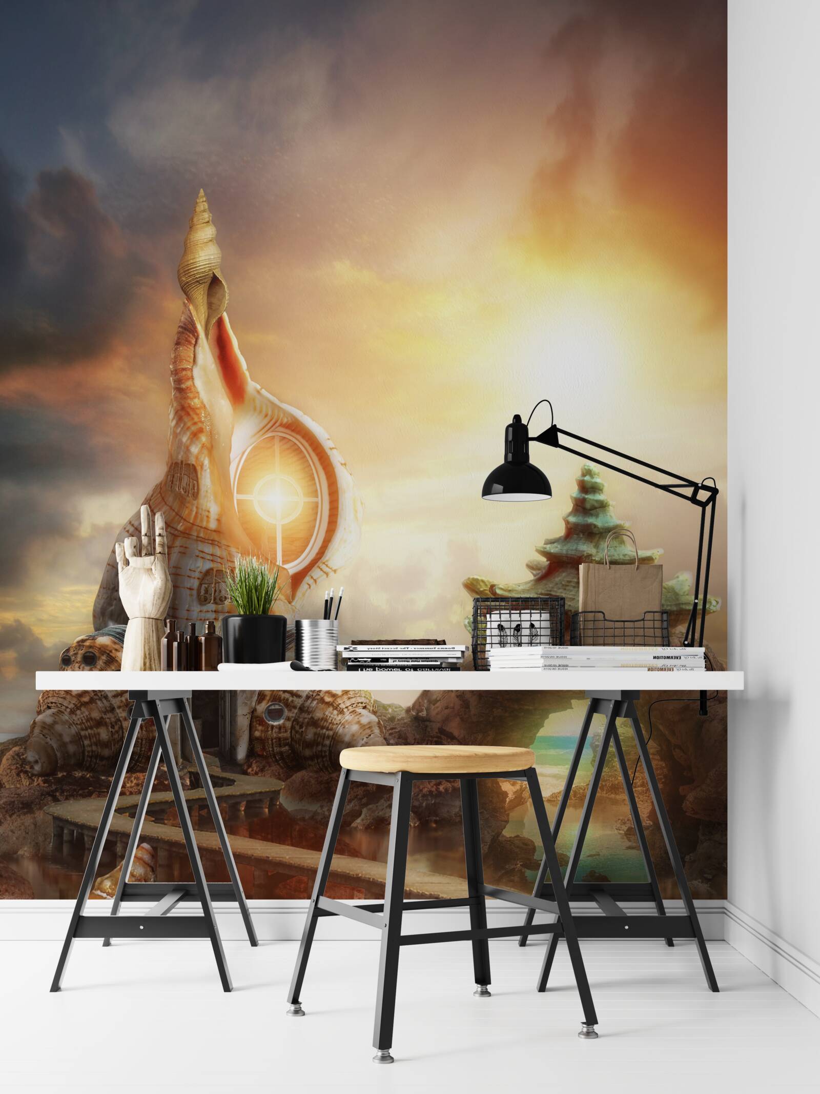 Papier peint Chemin japonais le long de l'eau et des falaises