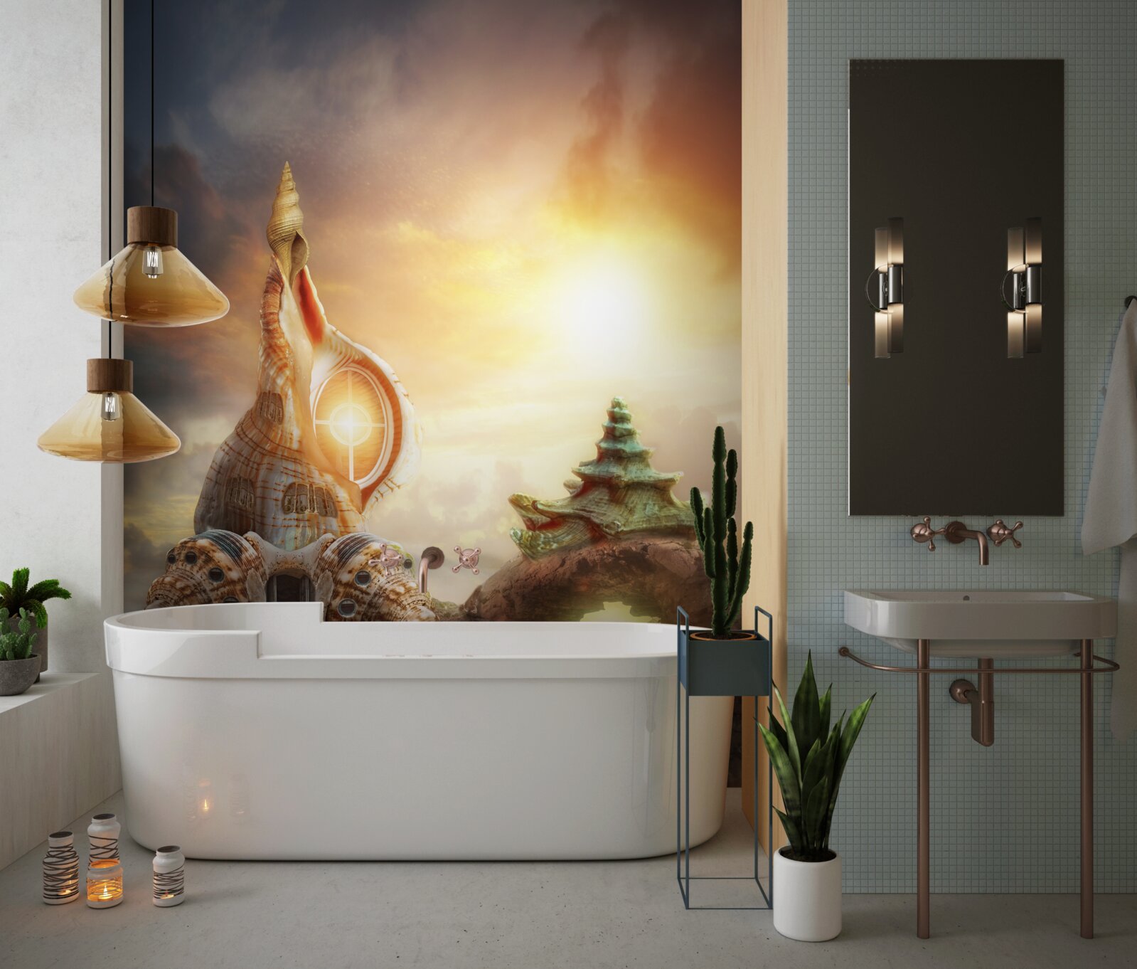 Papier peint Chemin japonais le long de l'eau et des falaises