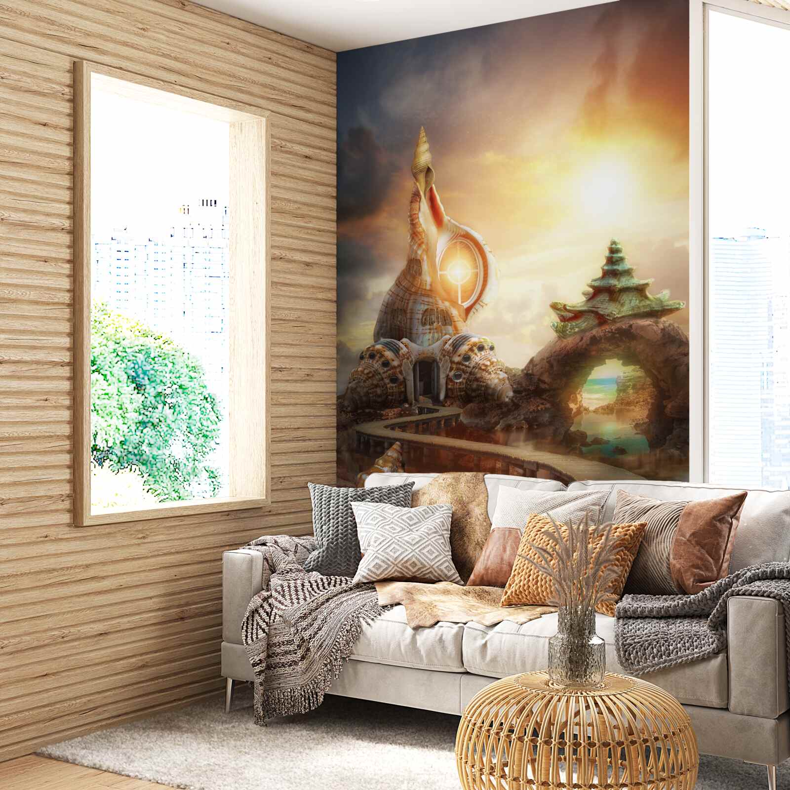 Papier peint Chemin japonais le long de l'eau et des falaises