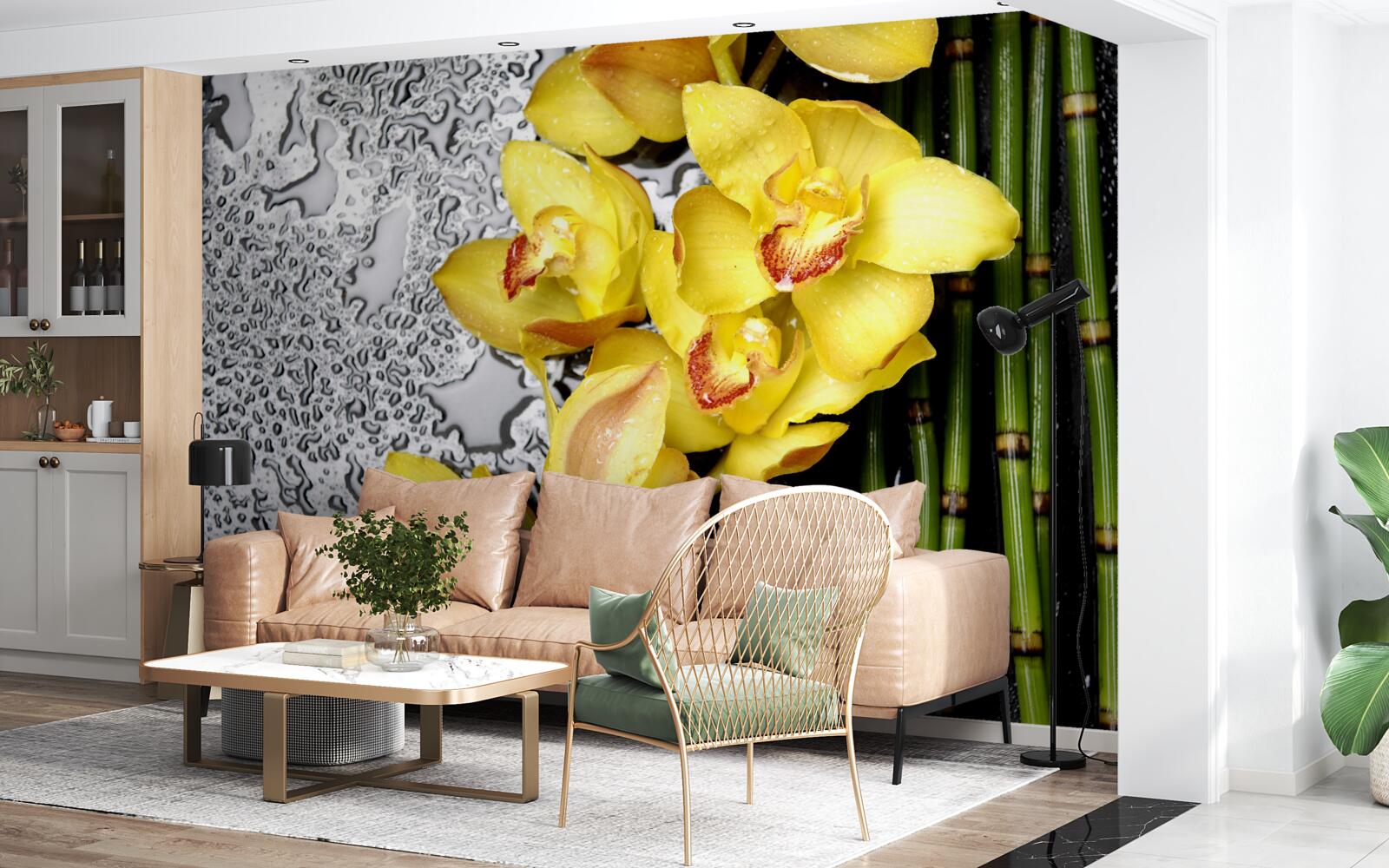 Papier peint l'orchidée jaune est sur la pierre à côté du bambou