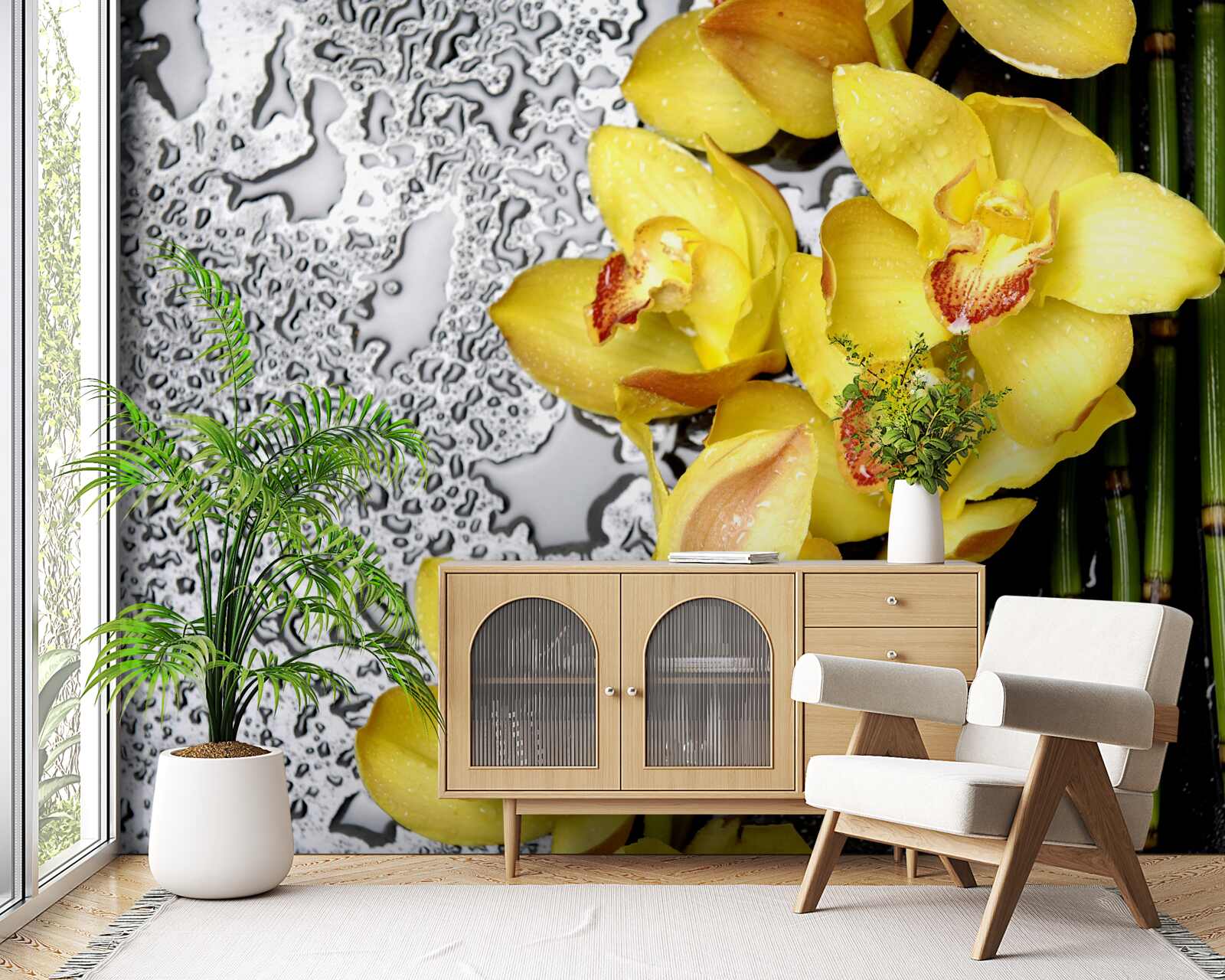 Papier peint l'orchidée jaune est sur la pierre à côté du bambou