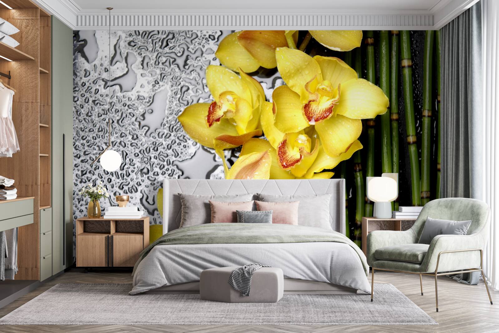 Papier peint l'orchidée jaune est sur la pierre à côté du bambou