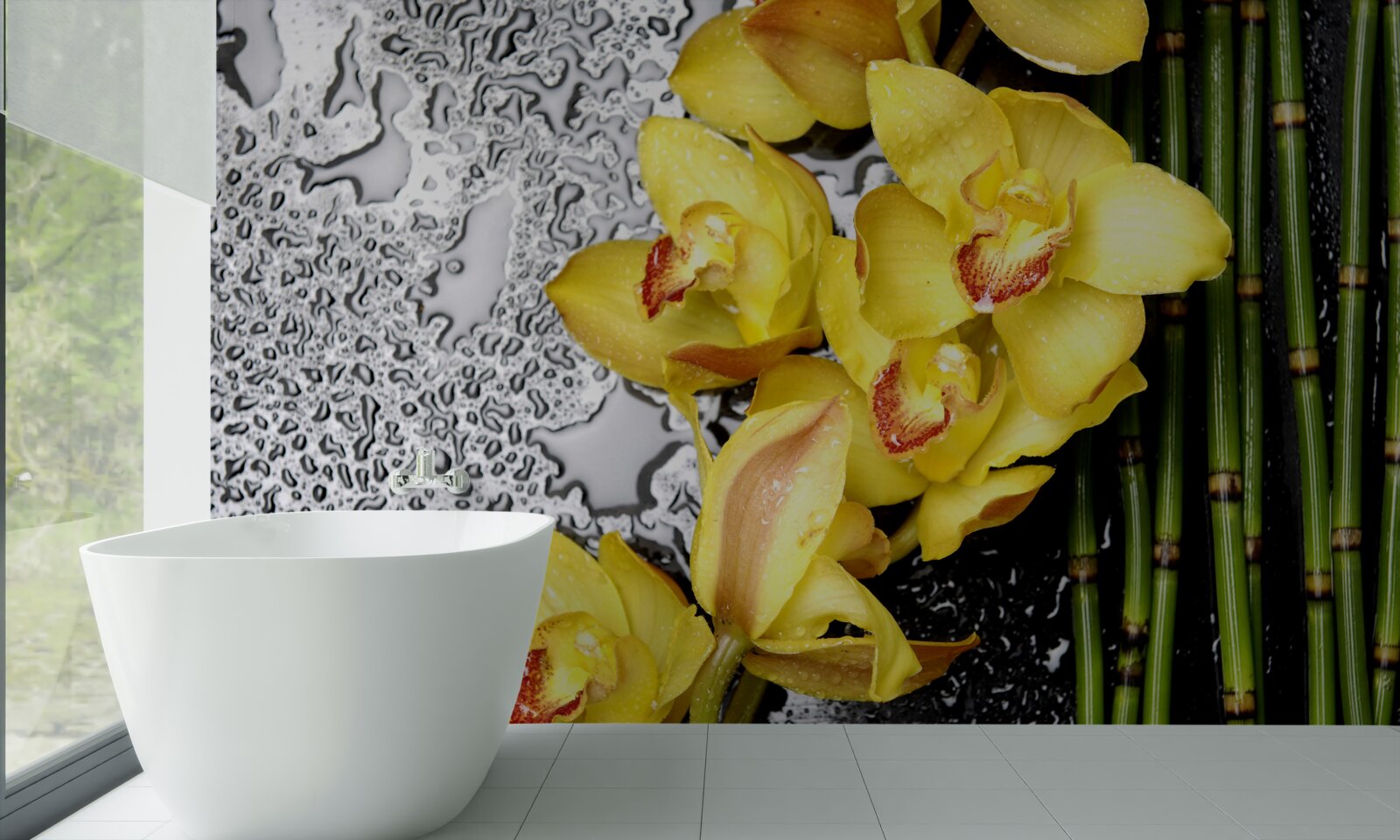Papier peint l'orchidée jaune est sur la pierre à côté du bambou