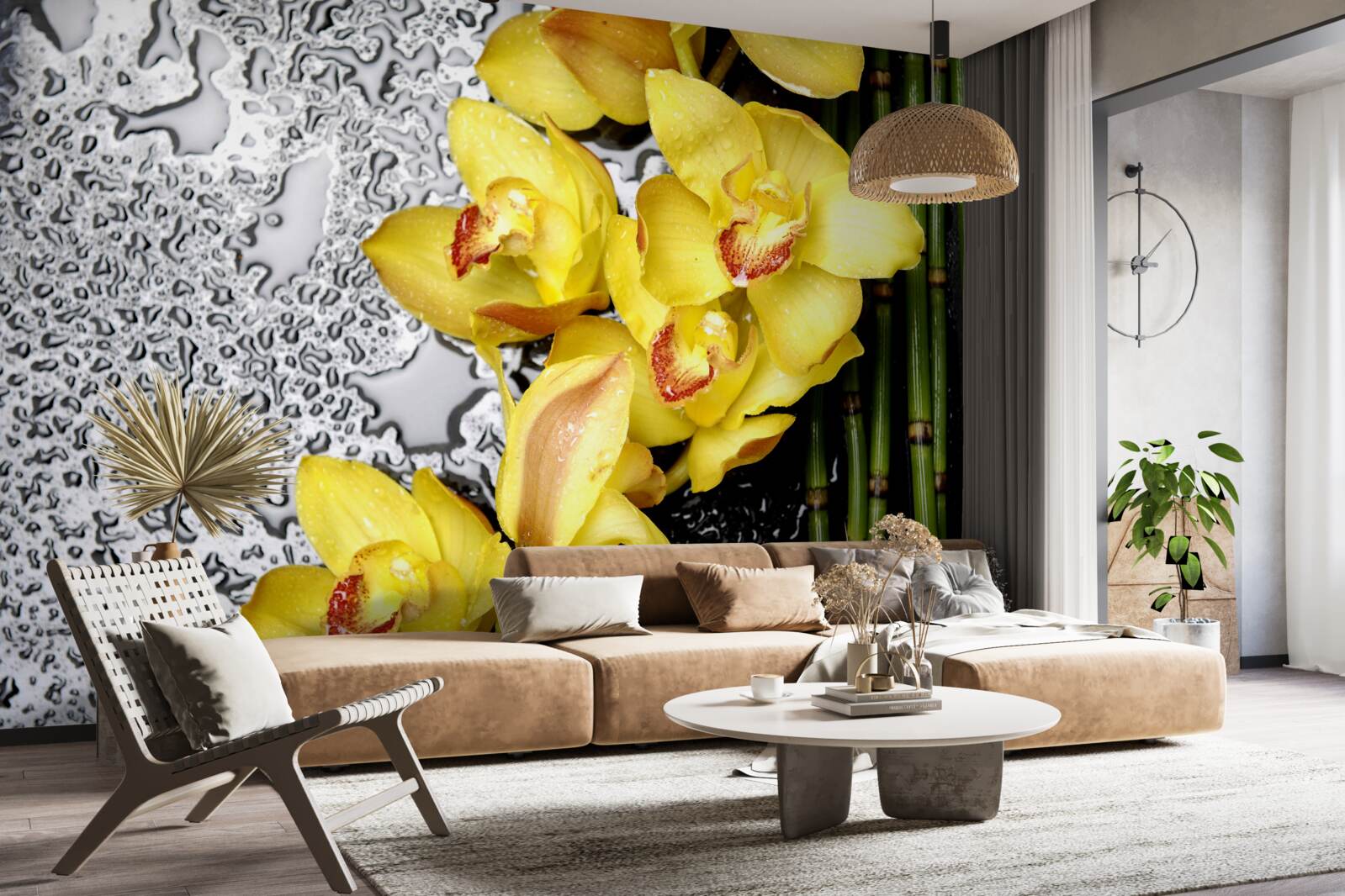 Papier peint l'orchidée jaune est sur la pierre à côté du bambou