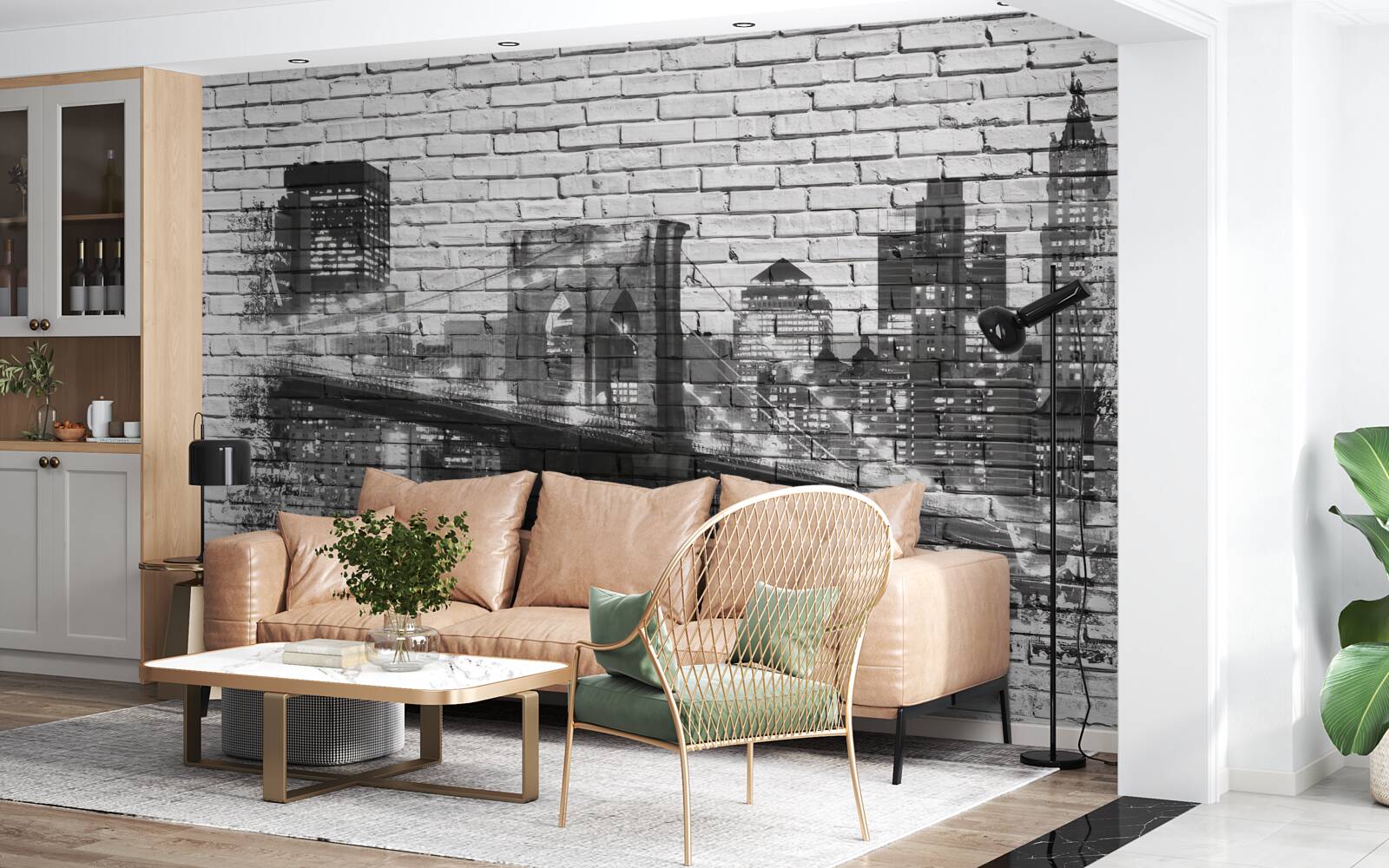 Papier peint pont de manhattan avec paysage urbain sur brique