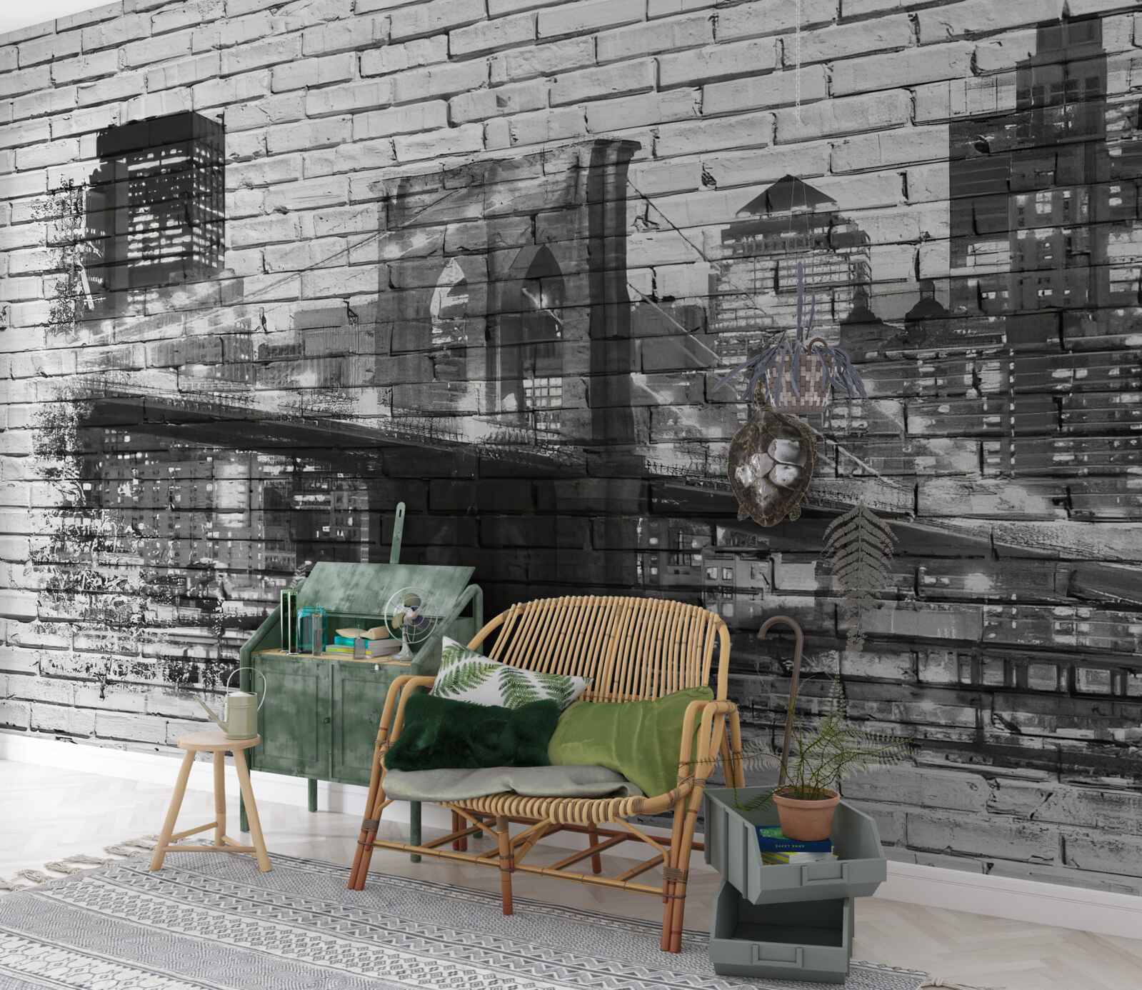 Papier peint pont de manhattan avec paysage urbain sur brique