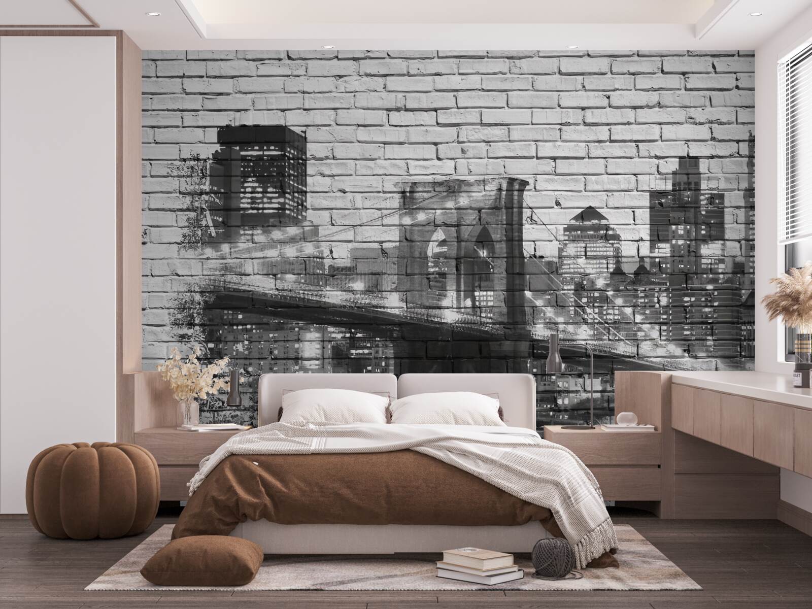 Papier peint pont de manhattan avec paysage urbain sur brique