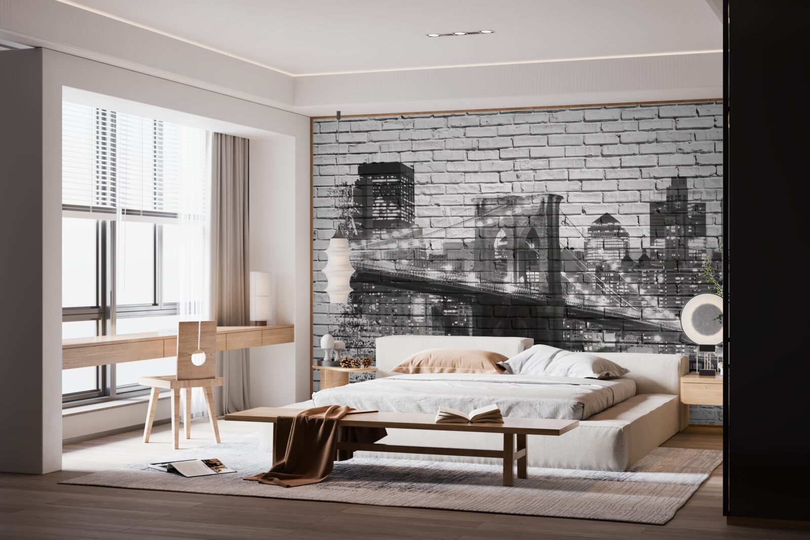 Papier peint pont de manhattan avec paysage urbain sur brique