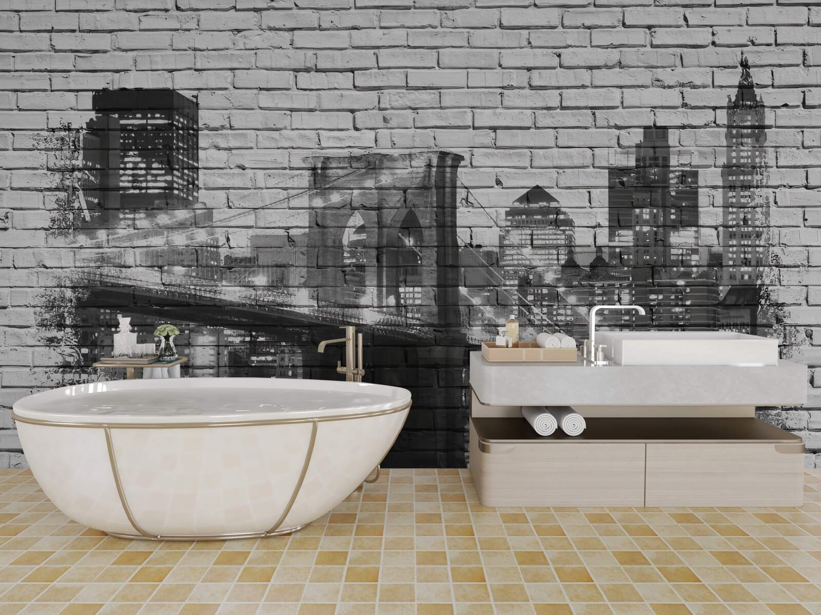 Papier peint pont de manhattan avec paysage urbain sur brique