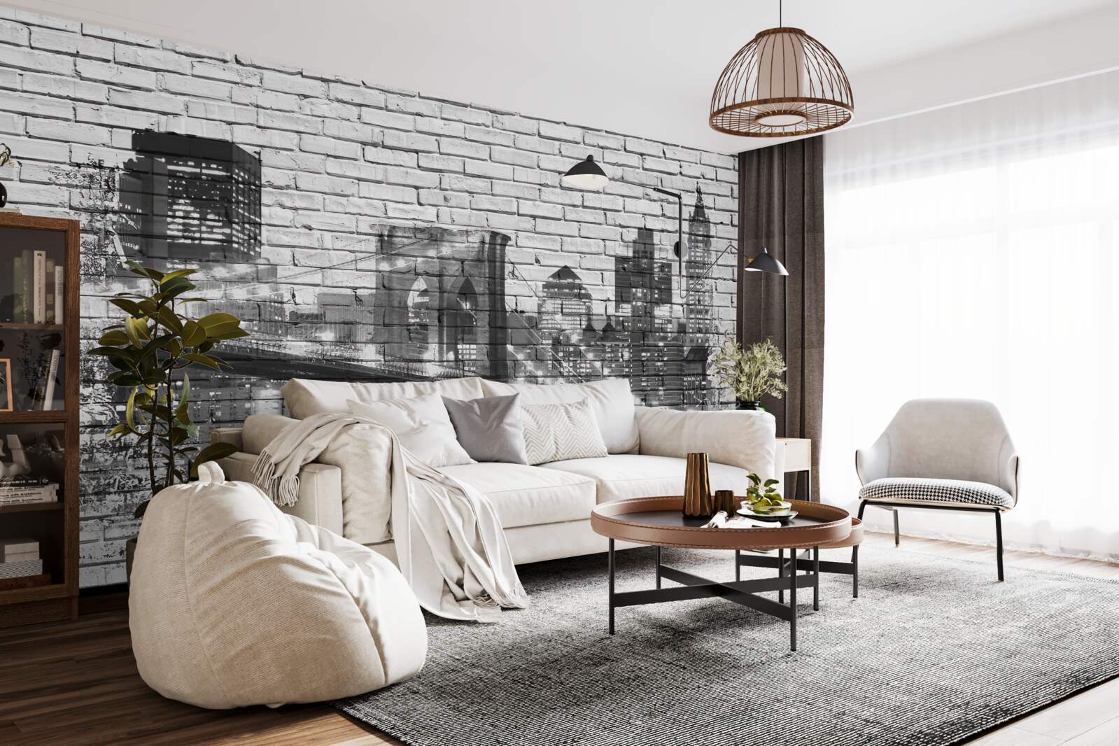 Papier peint pont de manhattan avec paysage urbain sur brique