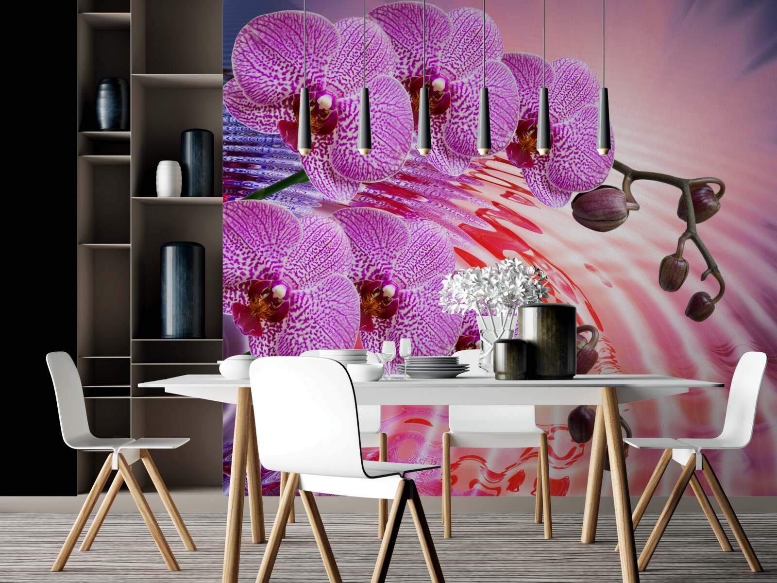 Papier peint reflet d'une orchidée léopard avec des branches lilas