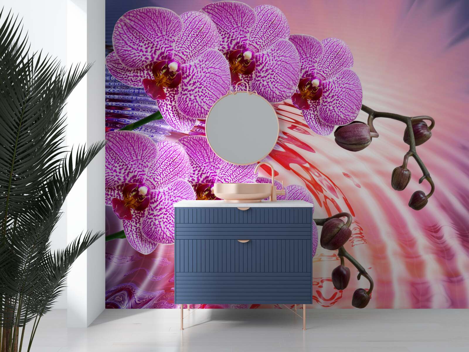 Papier peint reflet d'une orchidée léopard avec des branches lilas