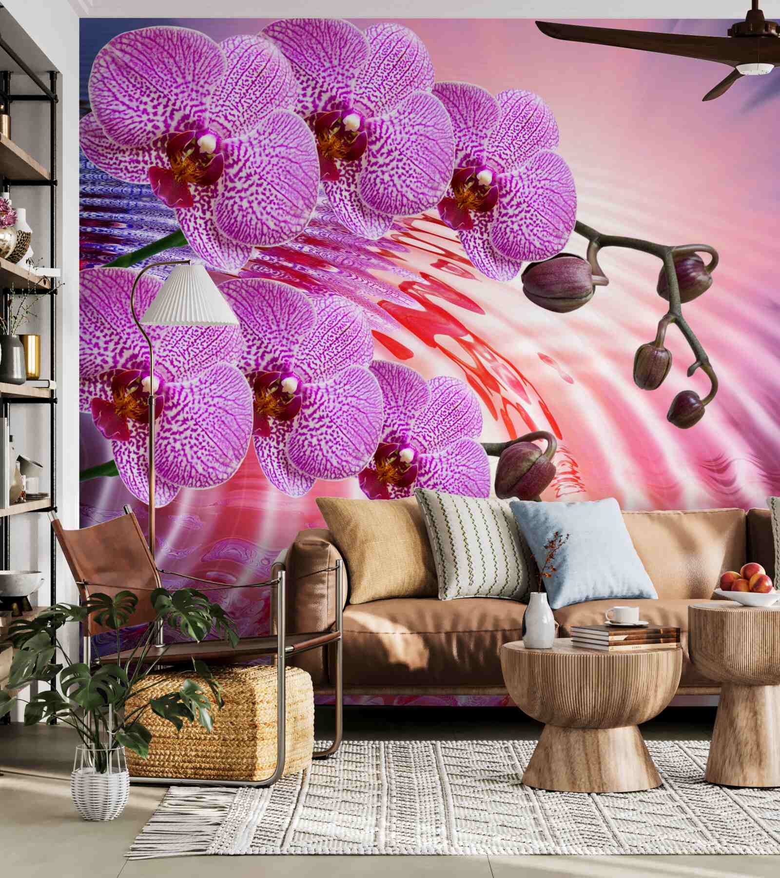 Papier peint reflet d'une orchidée léopard avec des branches lilas