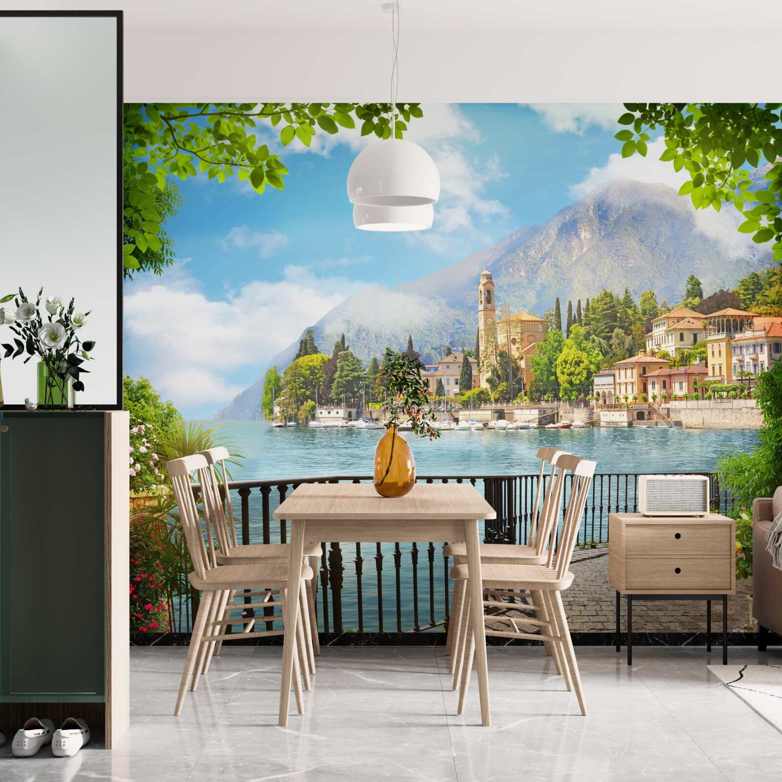 Papier peint promenade avec vue panoramique sur la ville historique et le paysage montagneux