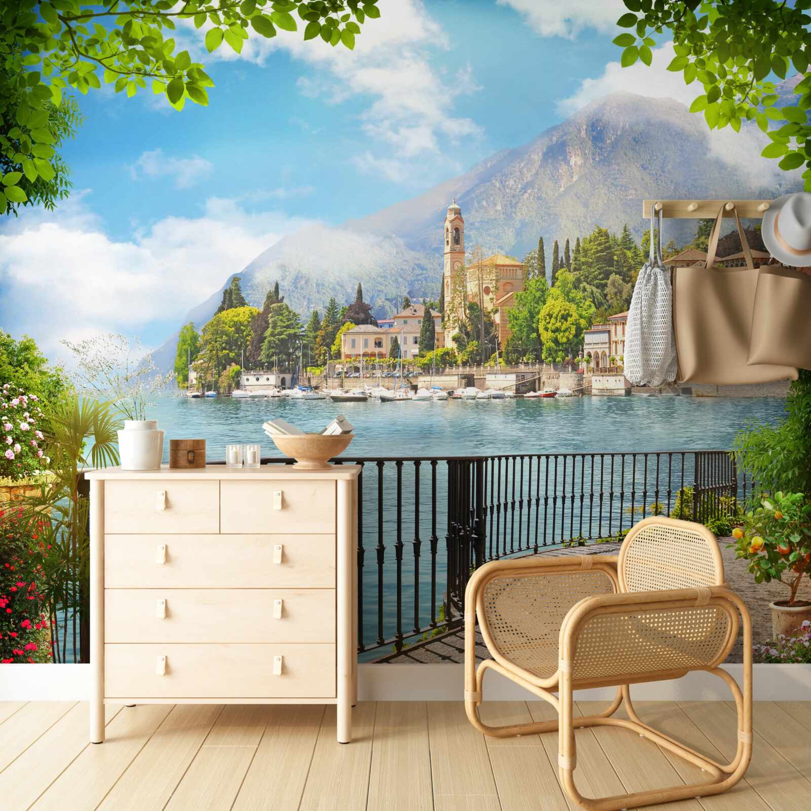 Papier peint promenade avec vue panoramique sur la ville historique et le paysage montagneux