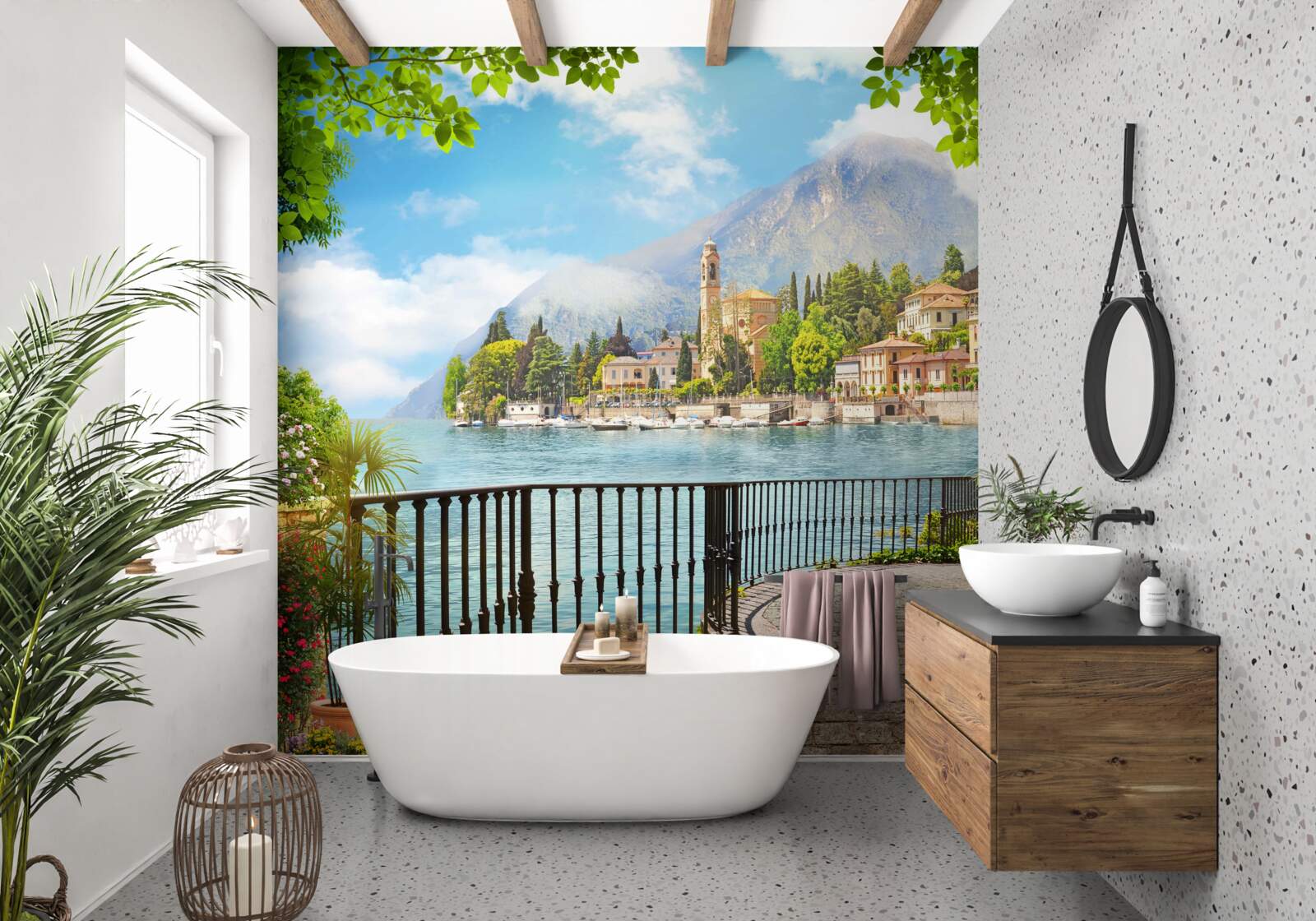 Papier peint promenade avec vue panoramique sur la ville historique et le paysage montagneux