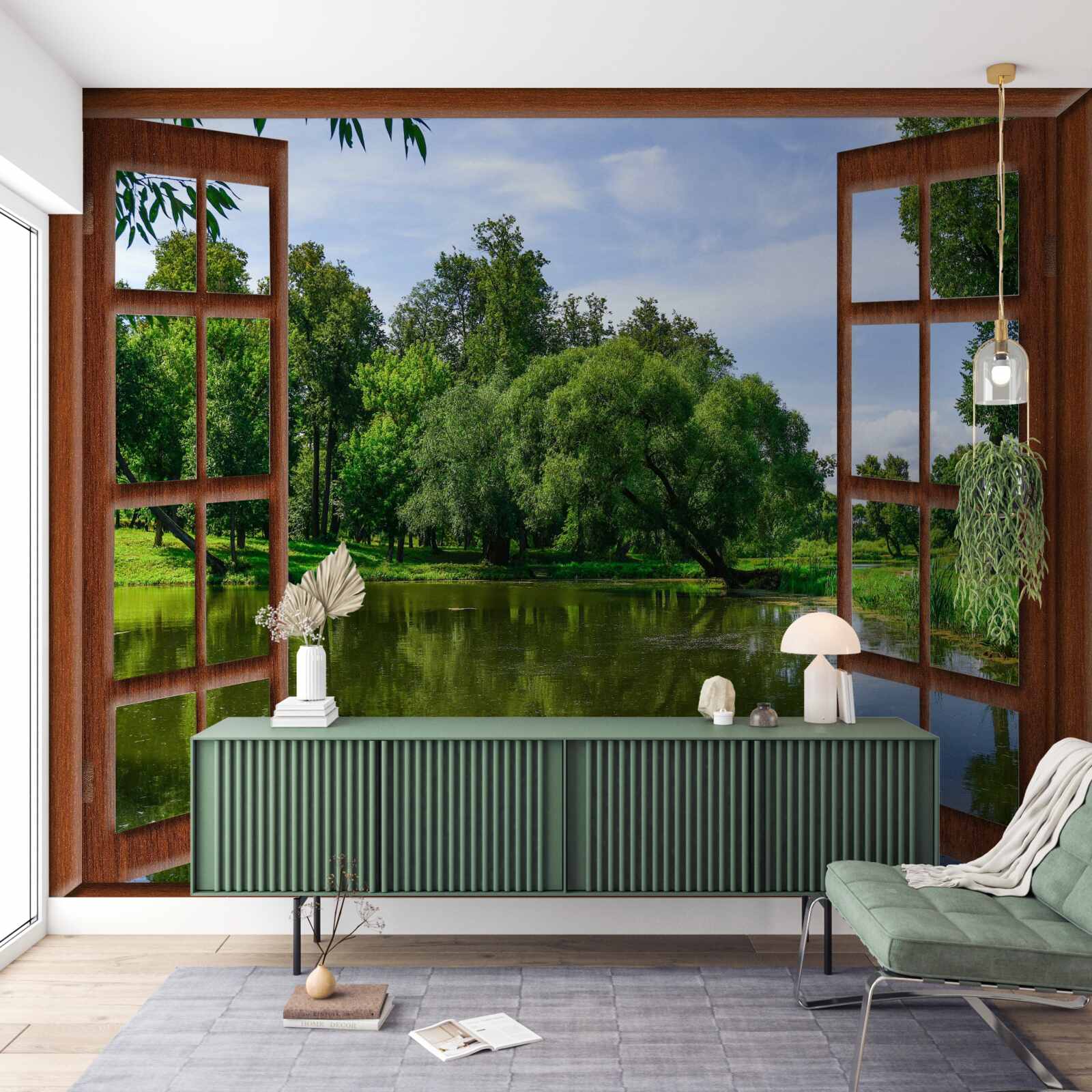 Papier peint paysage naturel panoramique derrière la fenêtre