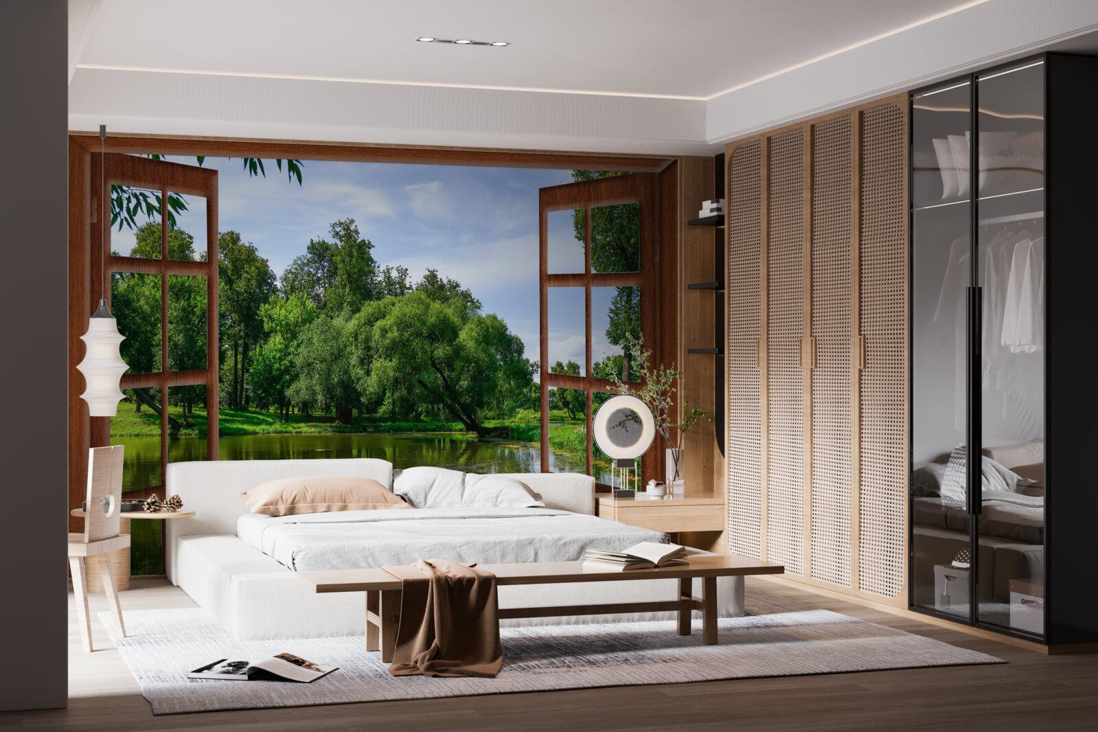 Papier peint paysage naturel panoramique derrière la fenêtre