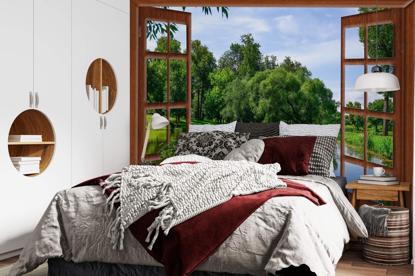 Papier peint paysage naturel panoramique derrière la fenêtre