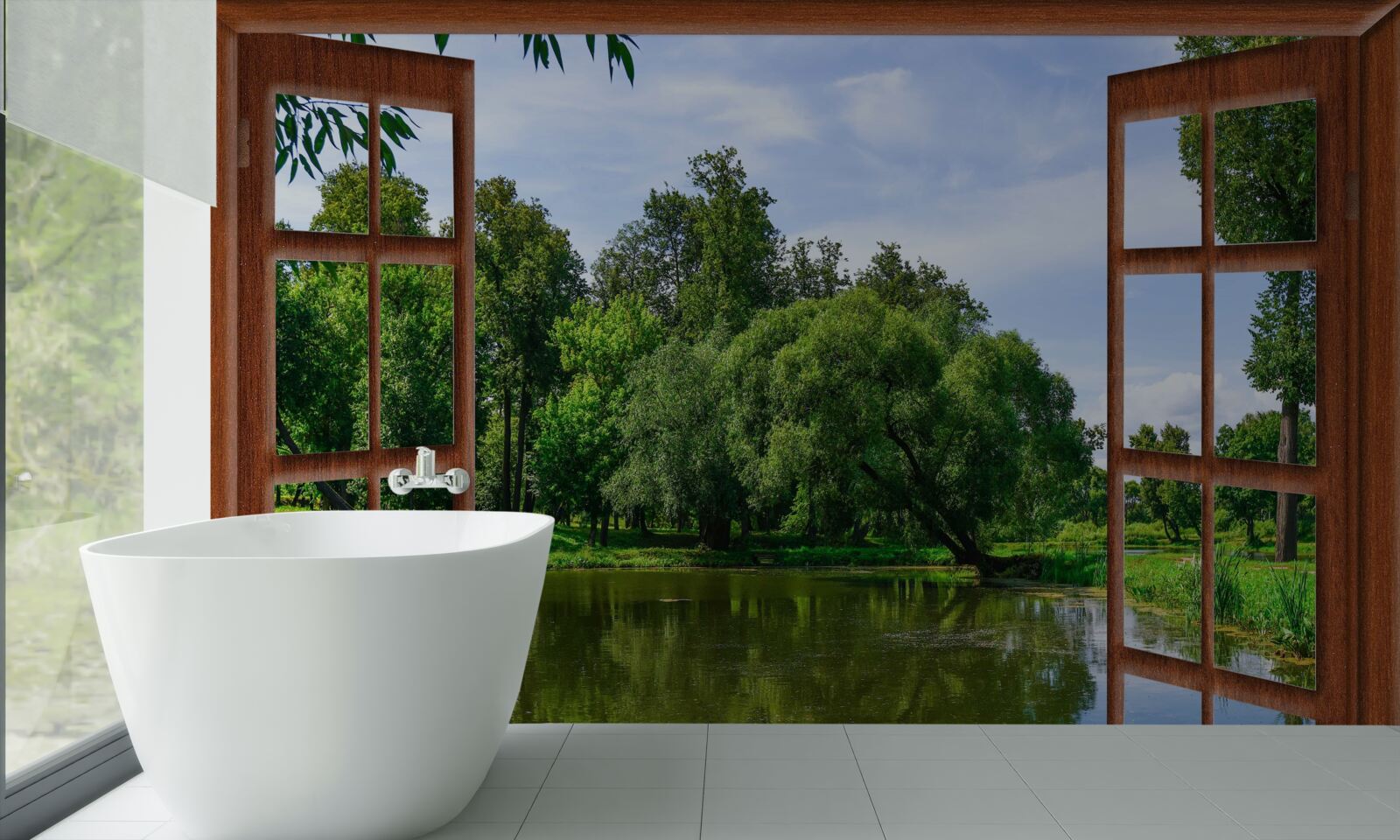 Papier peint paysage naturel panoramique derrière la fenêtre