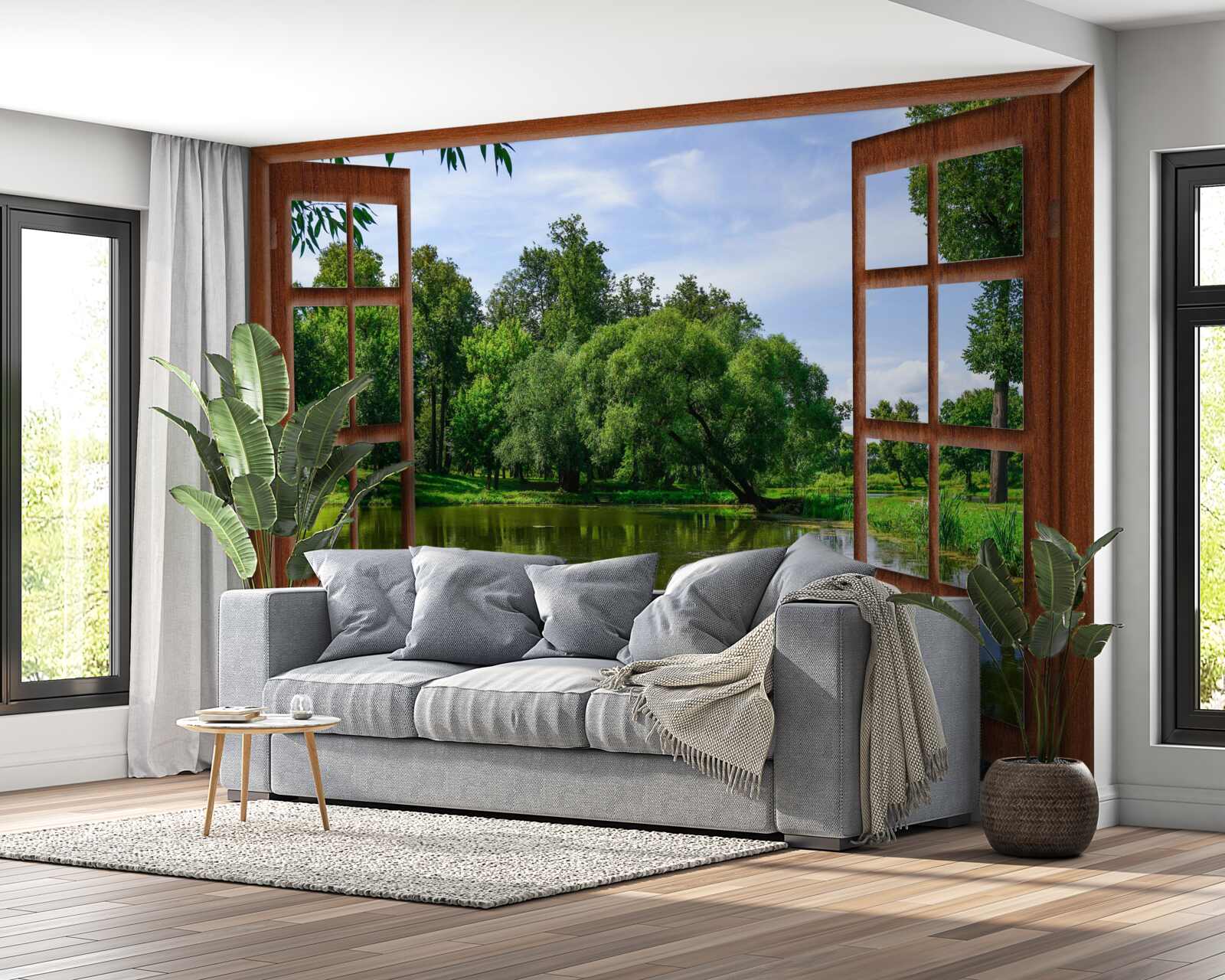 Papier peint paysage naturel panoramique derrière la fenêtre