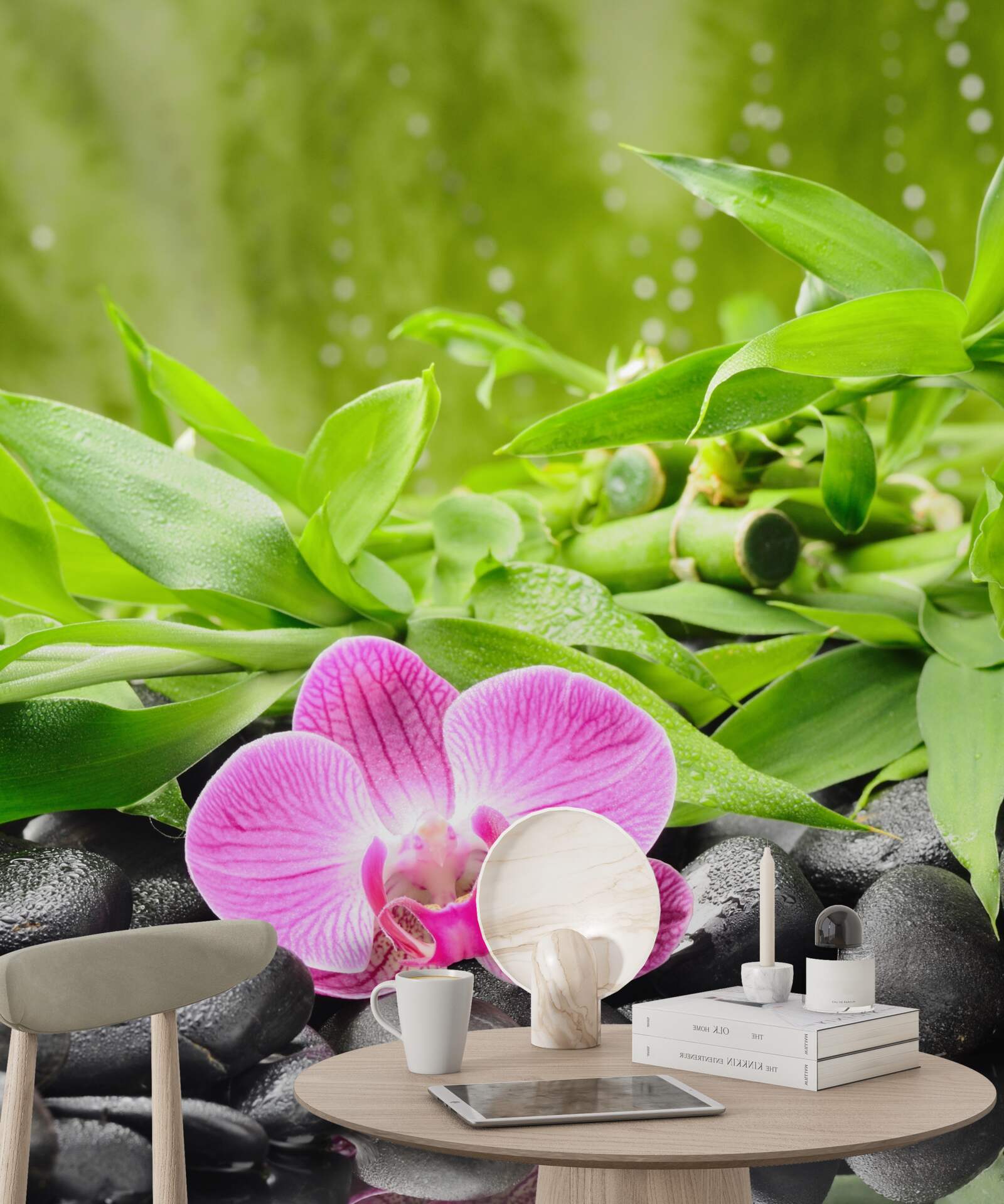 Papier peint orchidée gracieusement posée sur une pierre sombre près de l'eau
