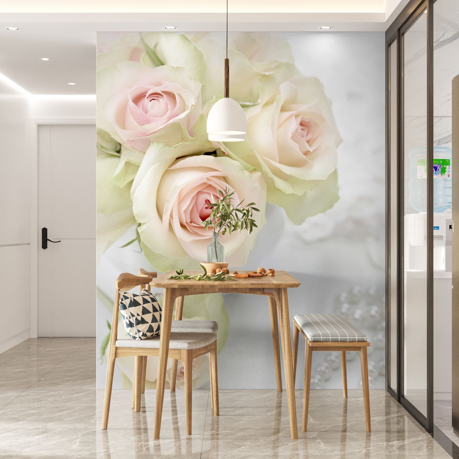 Papier peint composition de délicates roses roses pâles et de perles