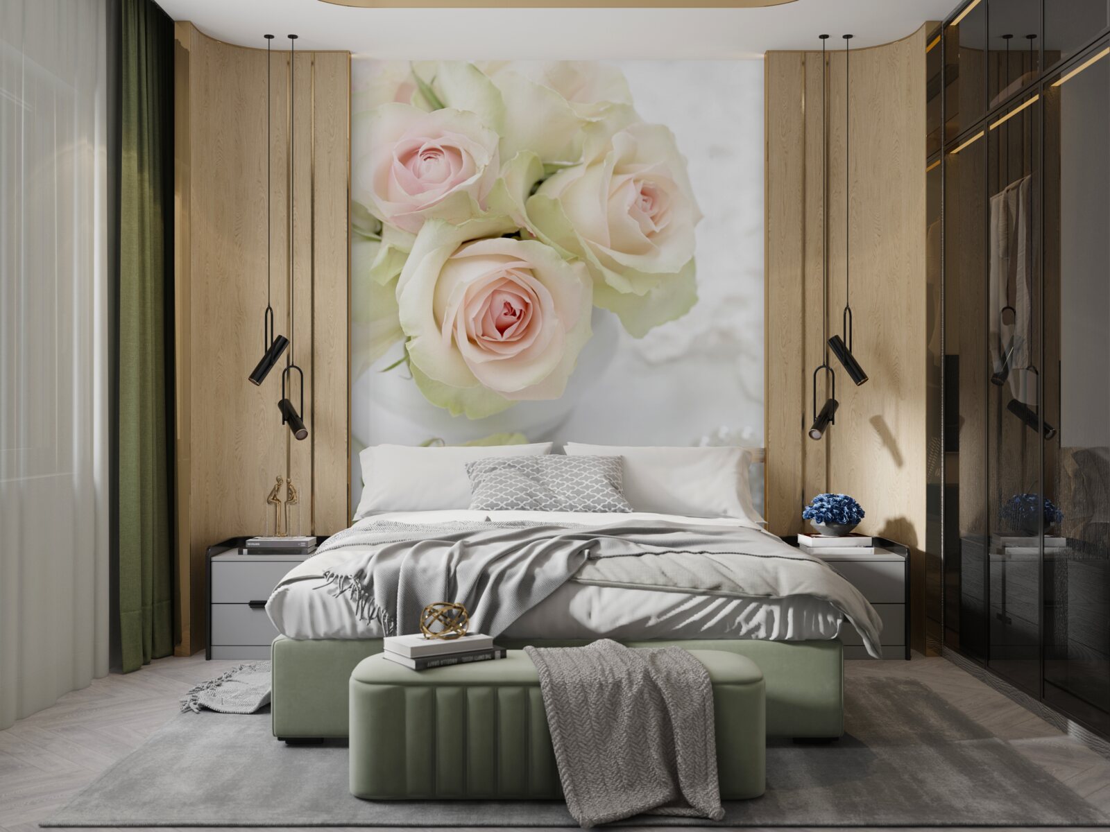 Papier peint composition de délicates roses roses pâles et de perles