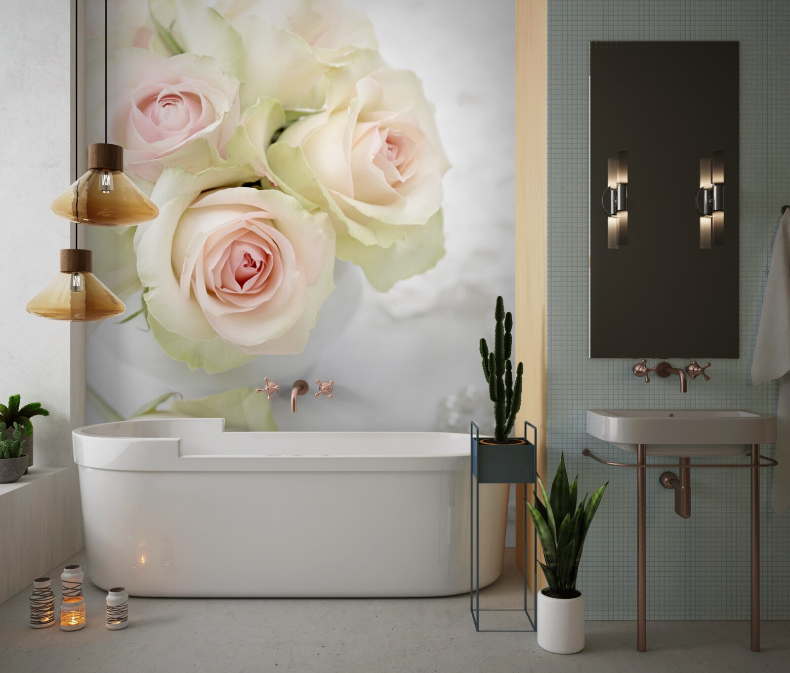 Papier peint composition de délicates roses roses pâles et de perles