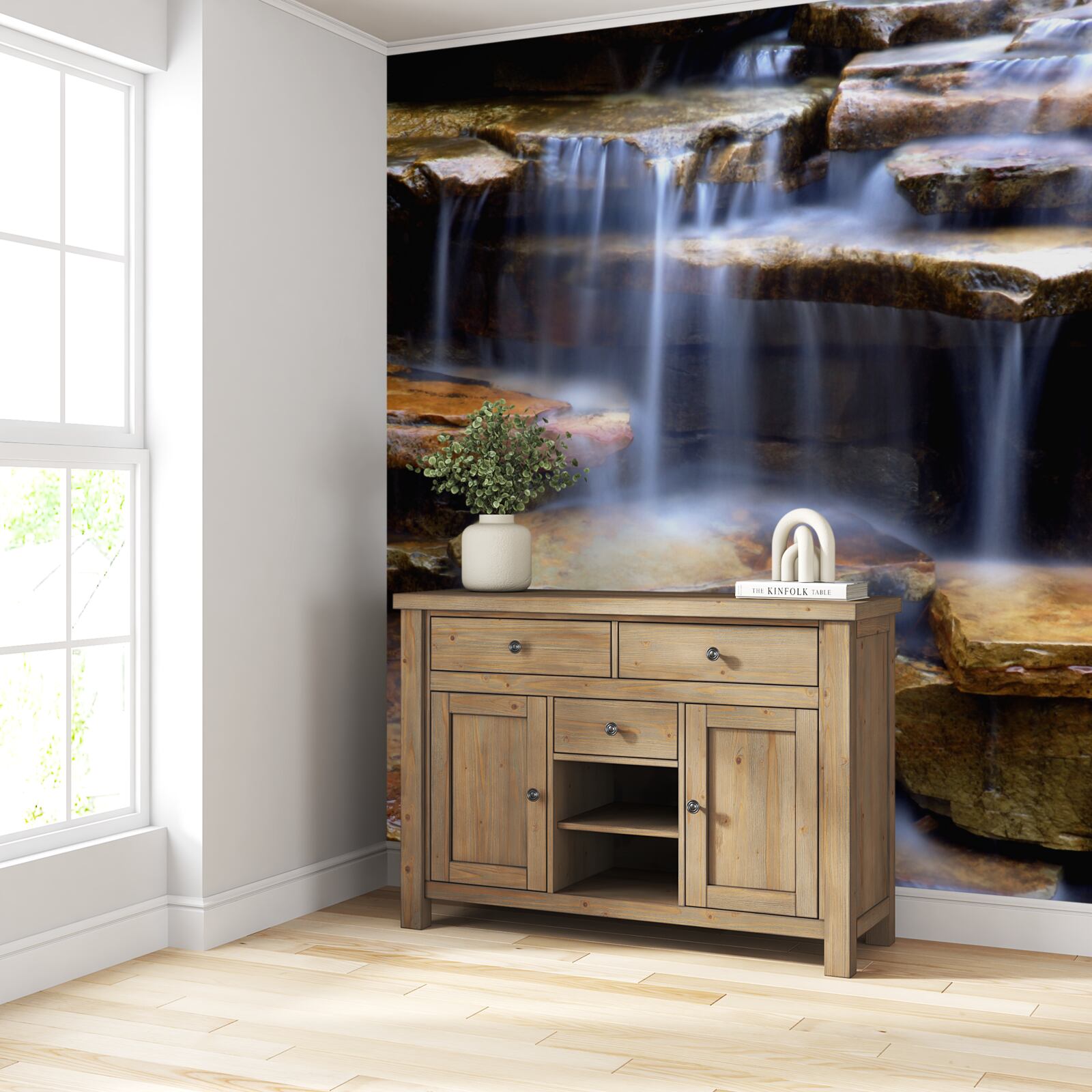 Papier peint chaîne de cascades avec tablettes en pierre