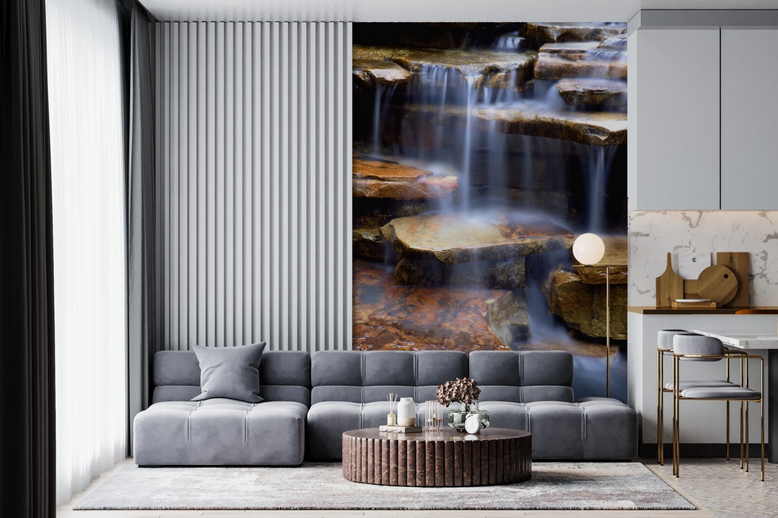 Papier peint chaîne de cascades avec tablettes en pierre