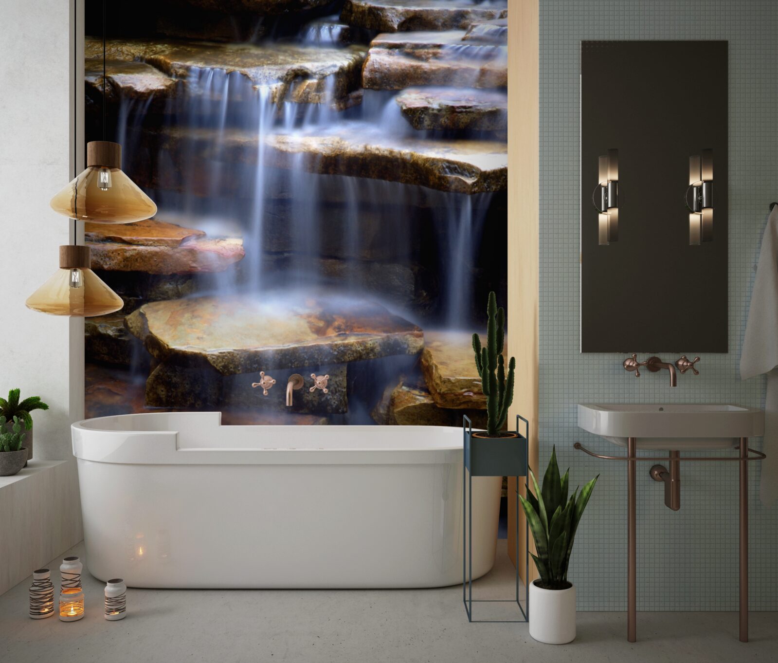 Papier peint chaîne de cascades avec tablettes en pierre