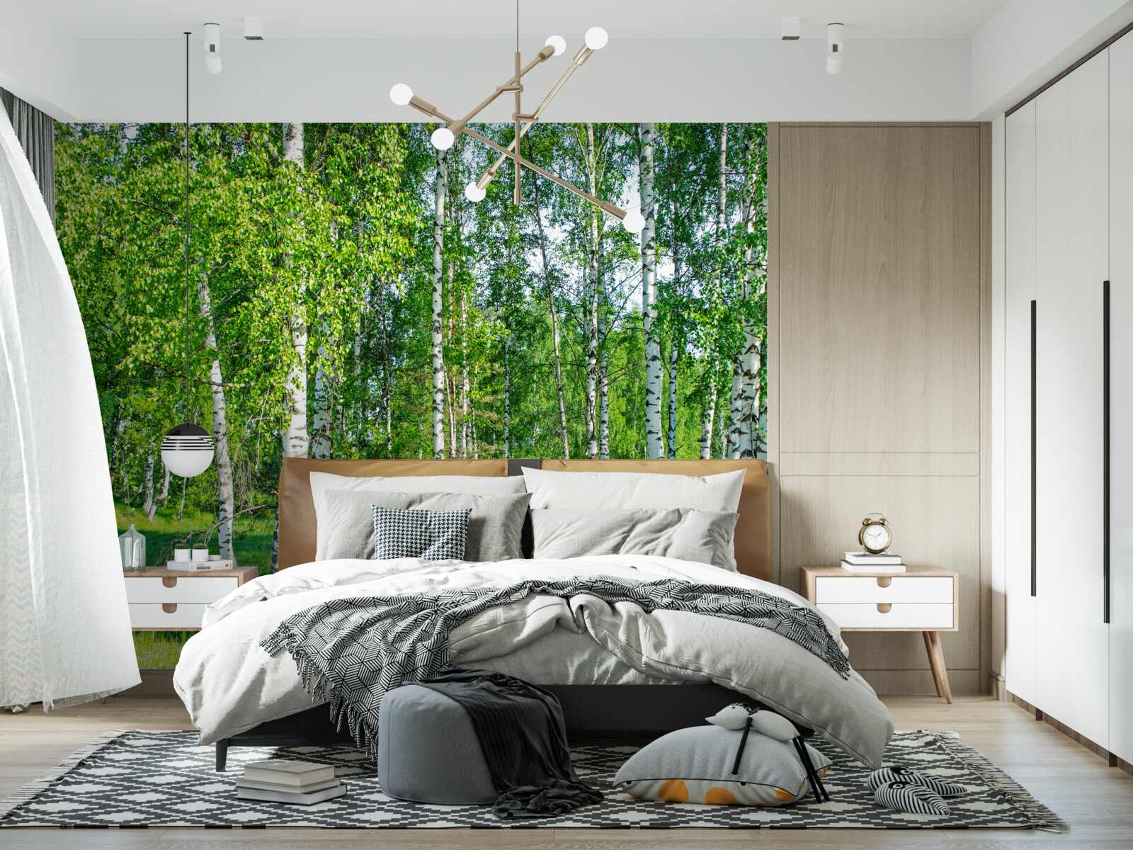 Papier peint les bouleaux aux feuilles vertes poussent dans la forêt d'été