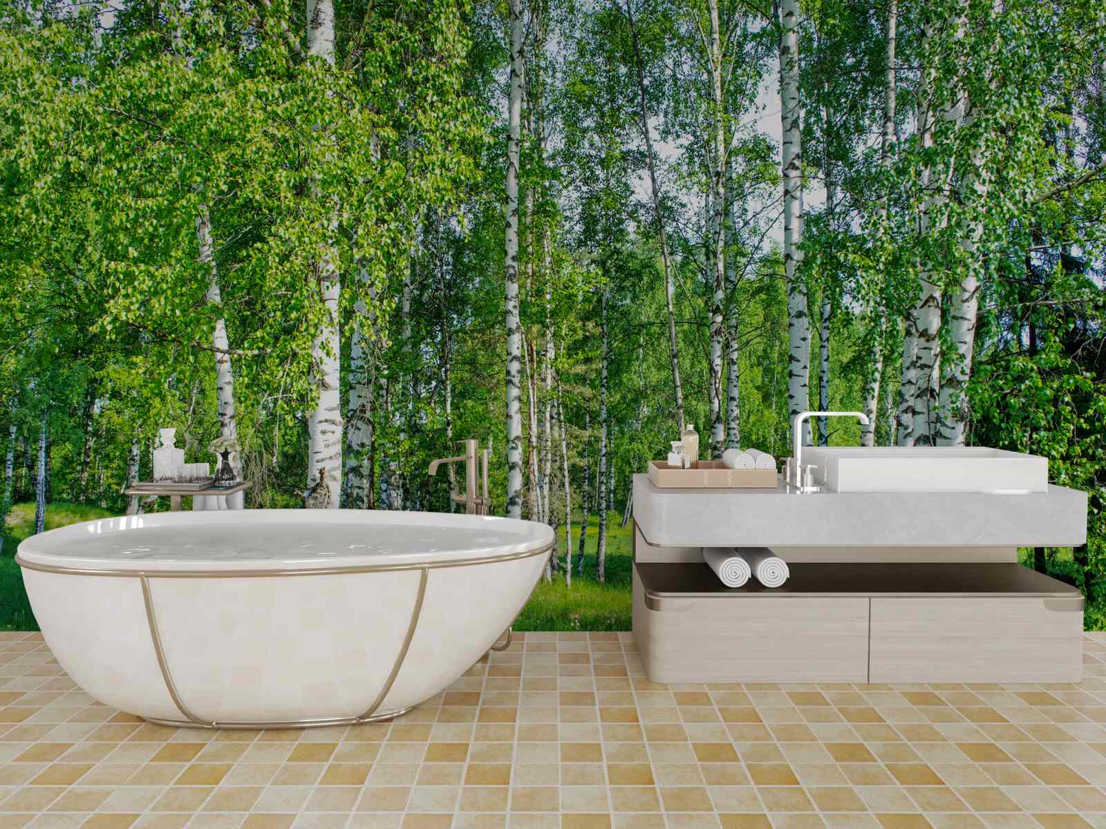 Papier peint les bouleaux aux feuilles vertes poussent dans la forêt d'été