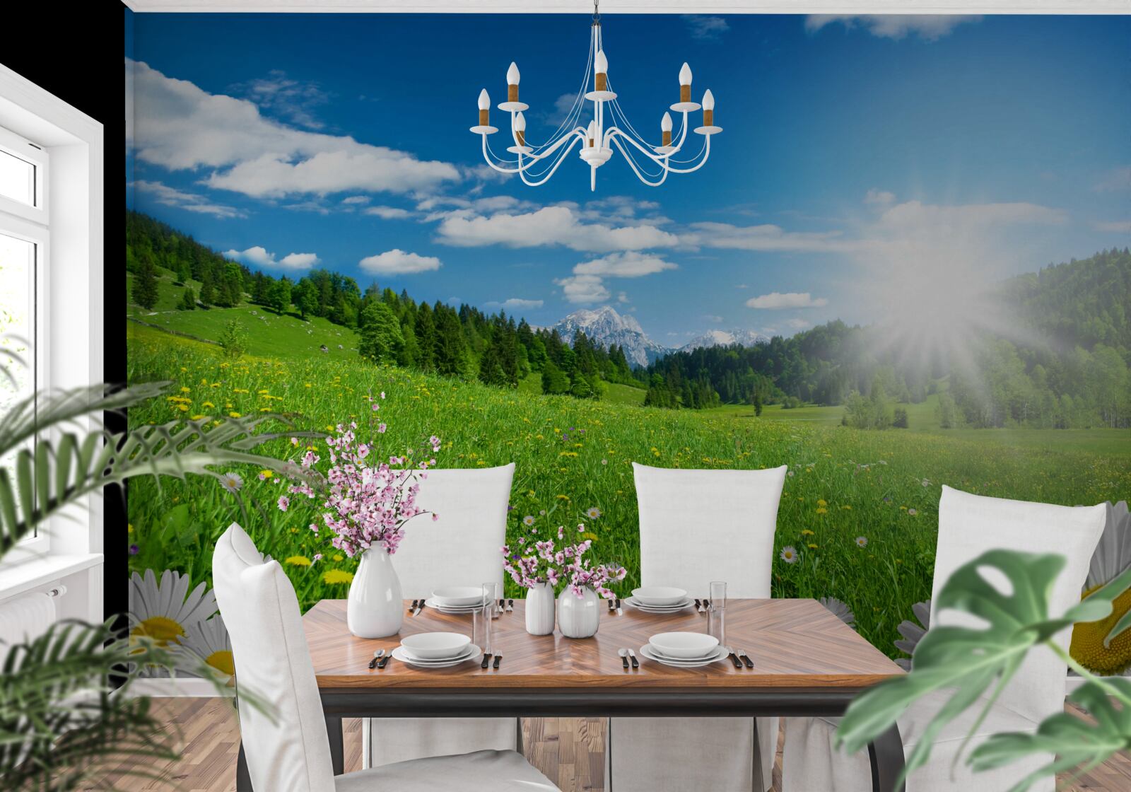 Papier peint un matin lumineux sur une prairie fleurie et des marguerites