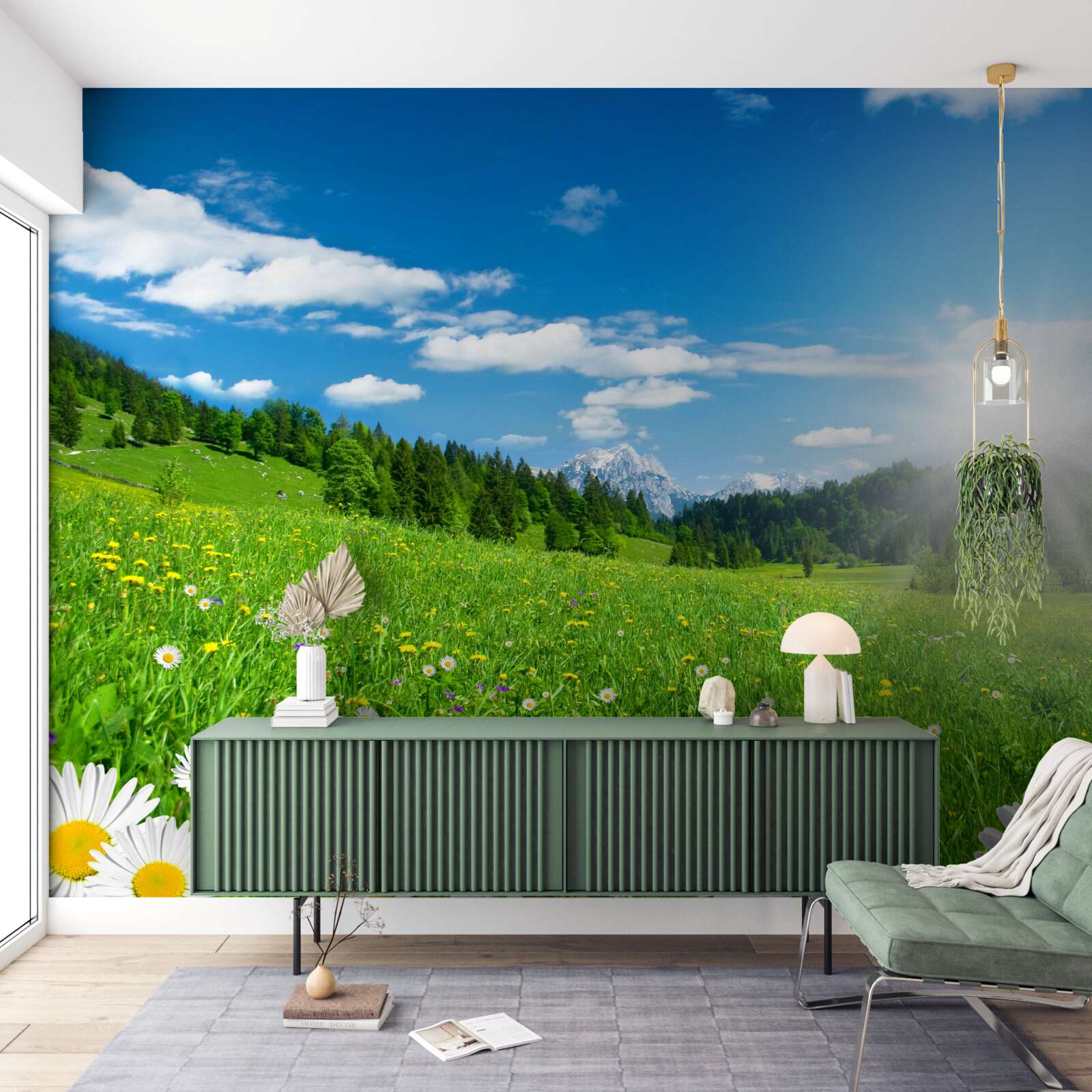 Papier peint un matin lumineux sur une prairie fleurie et des marguerites