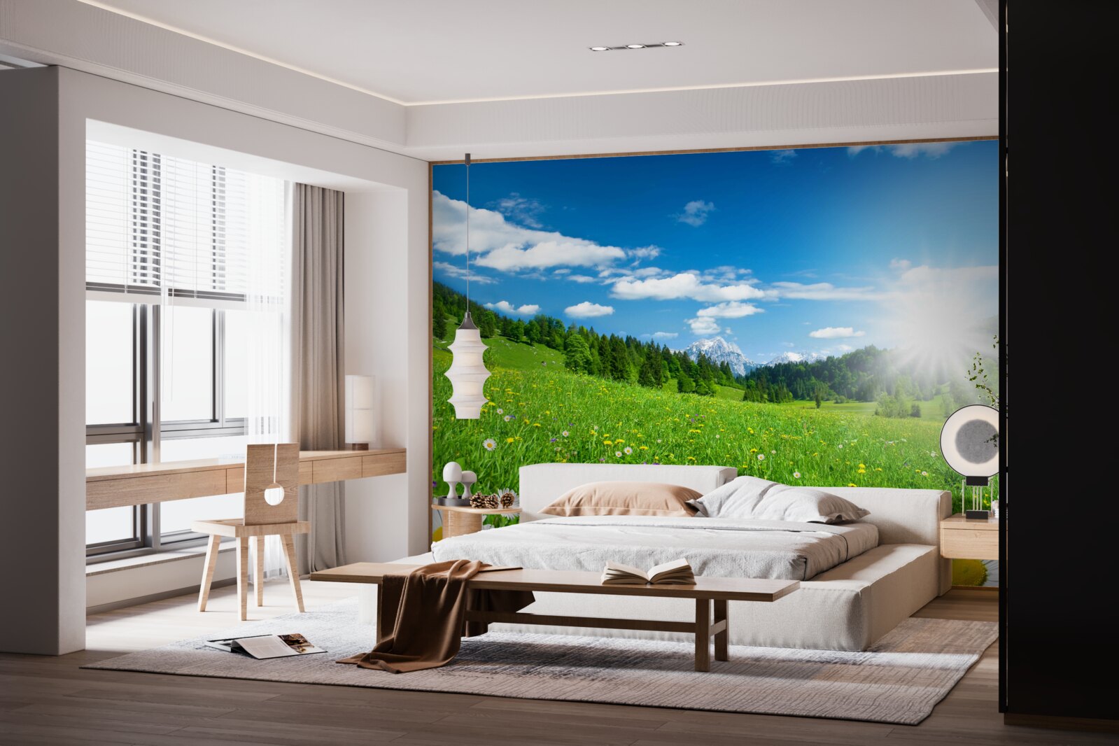 Papier peint un matin lumineux sur une prairie fleurie et des marguerites