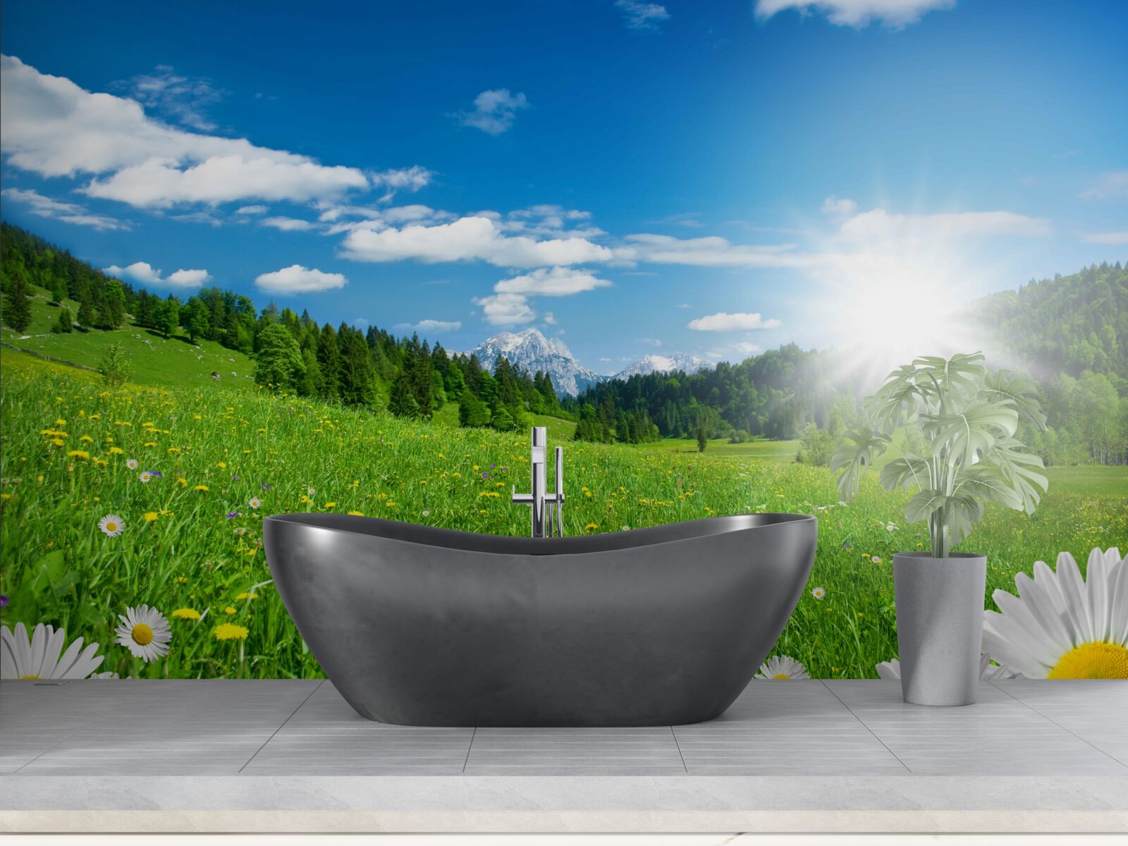 Papier peint un matin lumineux sur une prairie fleurie et des marguerites