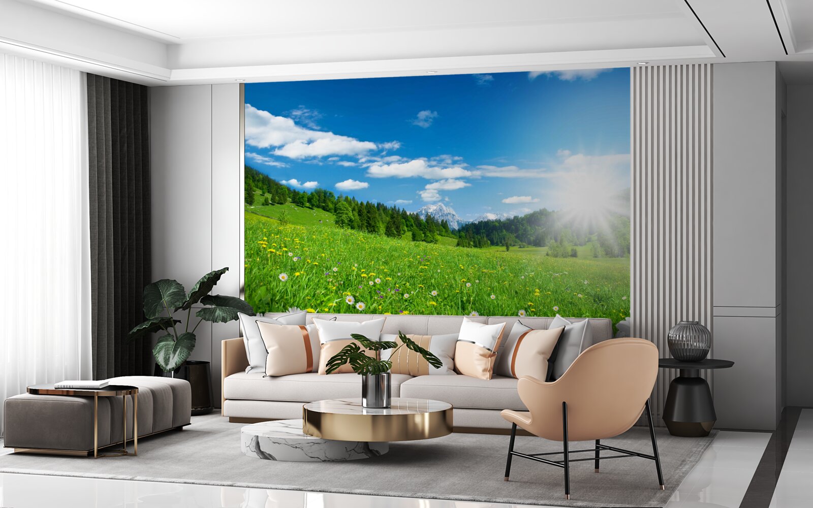 Papier peint un matin lumineux sur une prairie fleurie et des marguerites