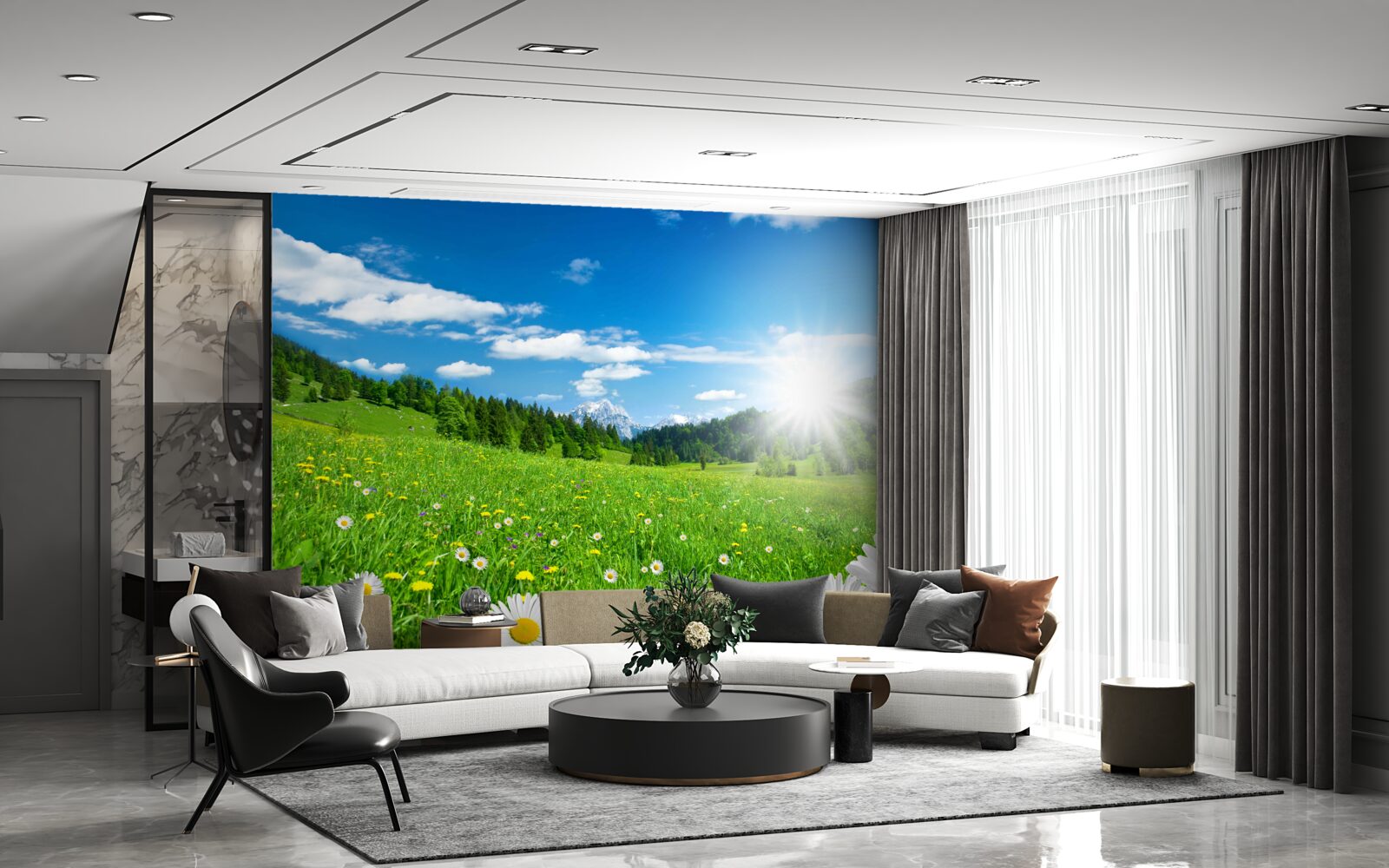 Papier peint un matin lumineux sur une prairie fleurie et des marguerites