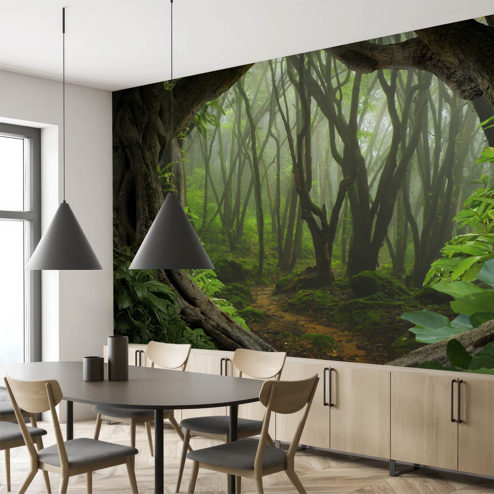 Papier peint palissade d'arbres luxuriante et émeraude