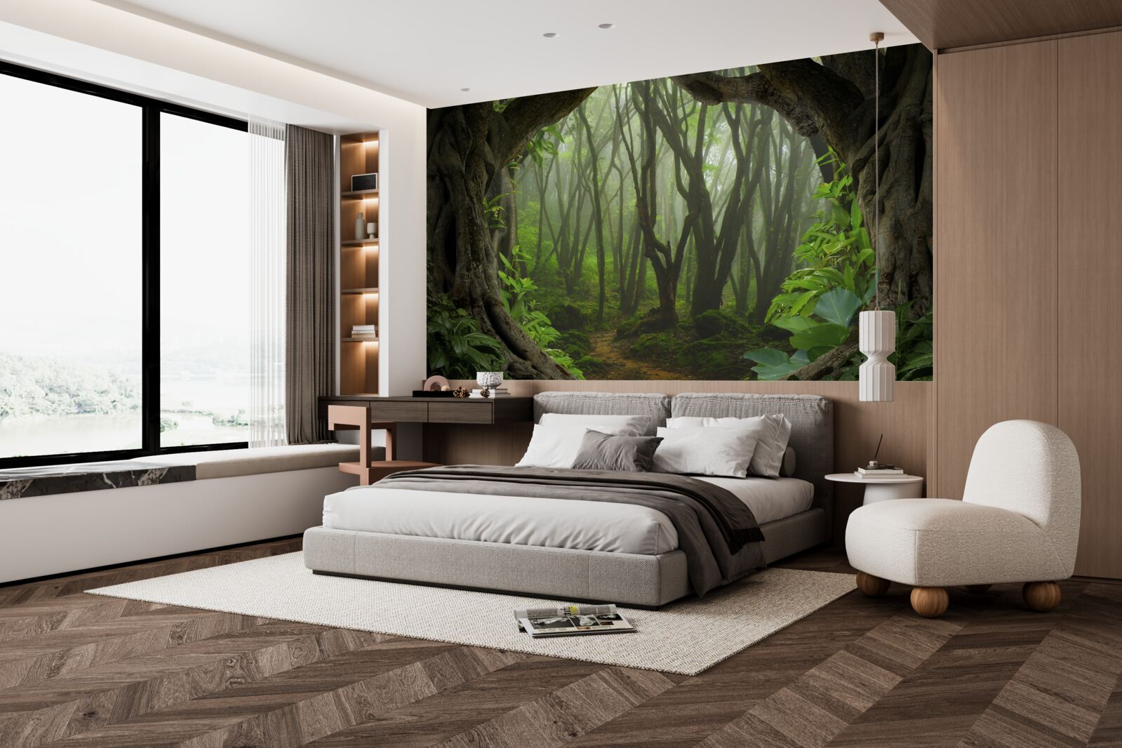 Papier peint palissade d'arbres luxuriante et émeraude