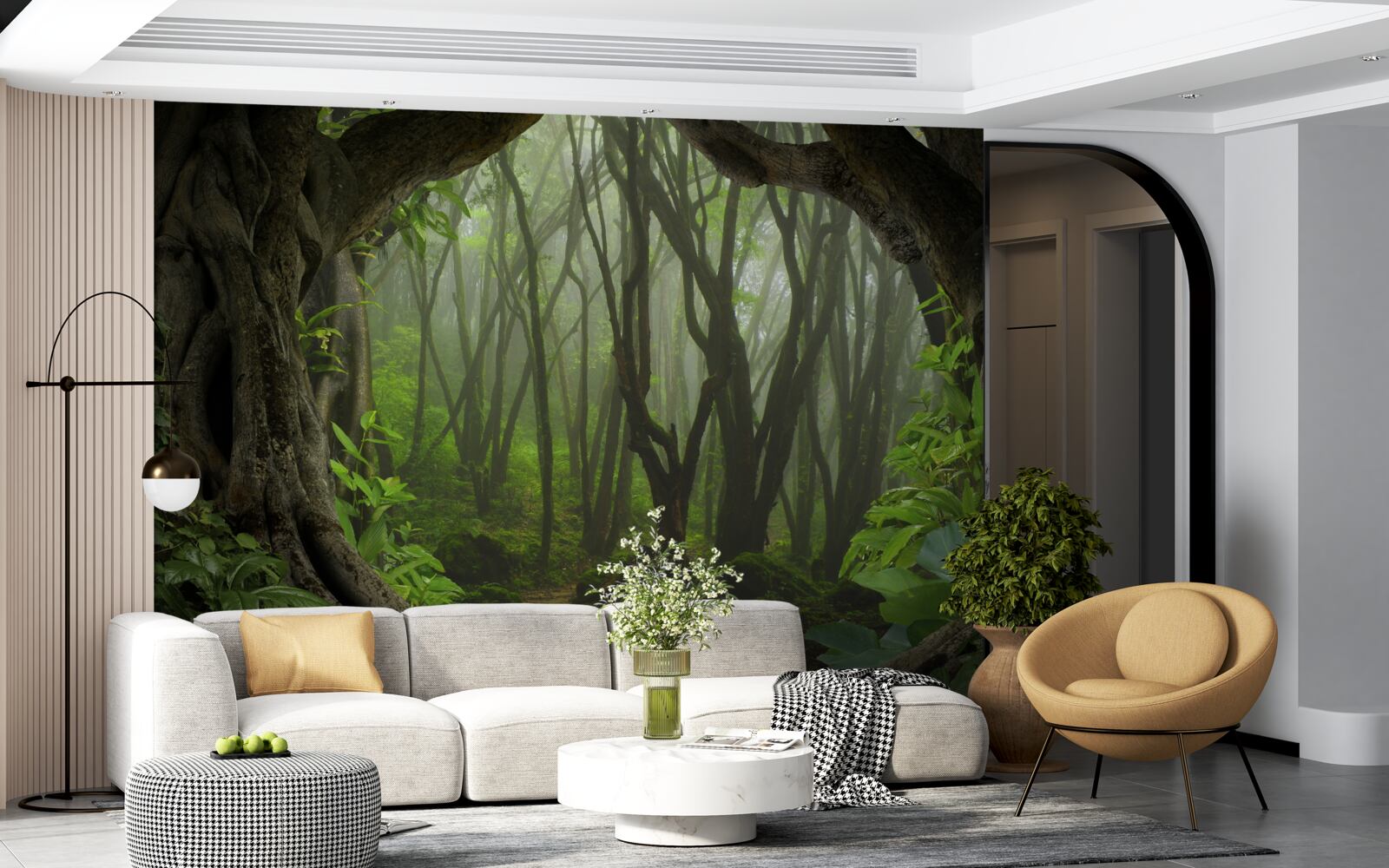 Papier peint palissade d'arbres luxuriante et émeraude