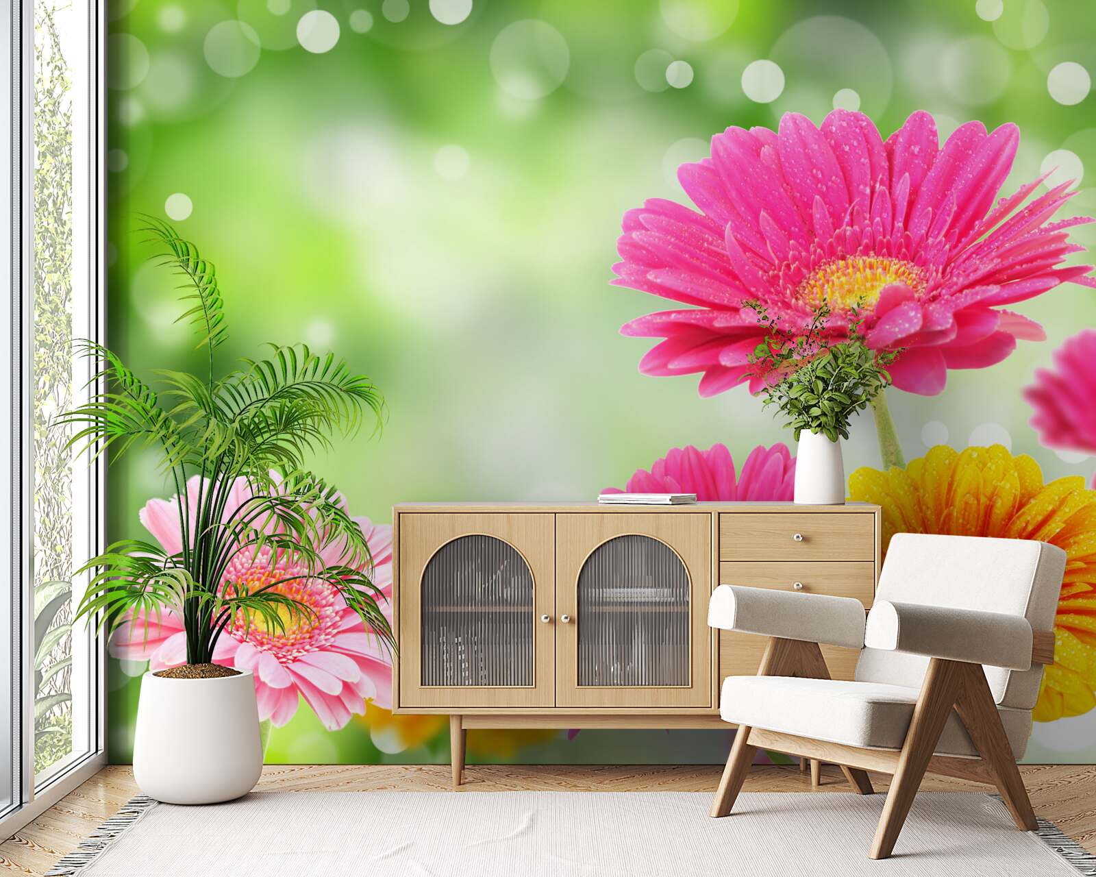 Papier peint les gerberas brillent sous les gouttes de pluie