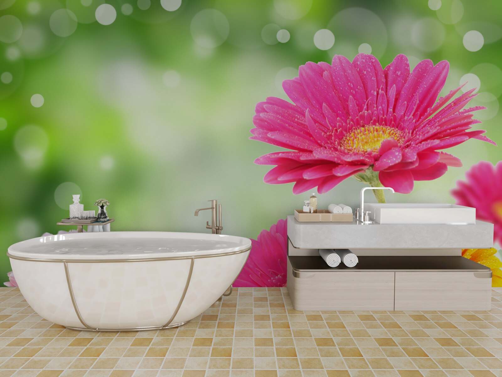 Papier peint les gerberas brillent sous les gouttes de pluie