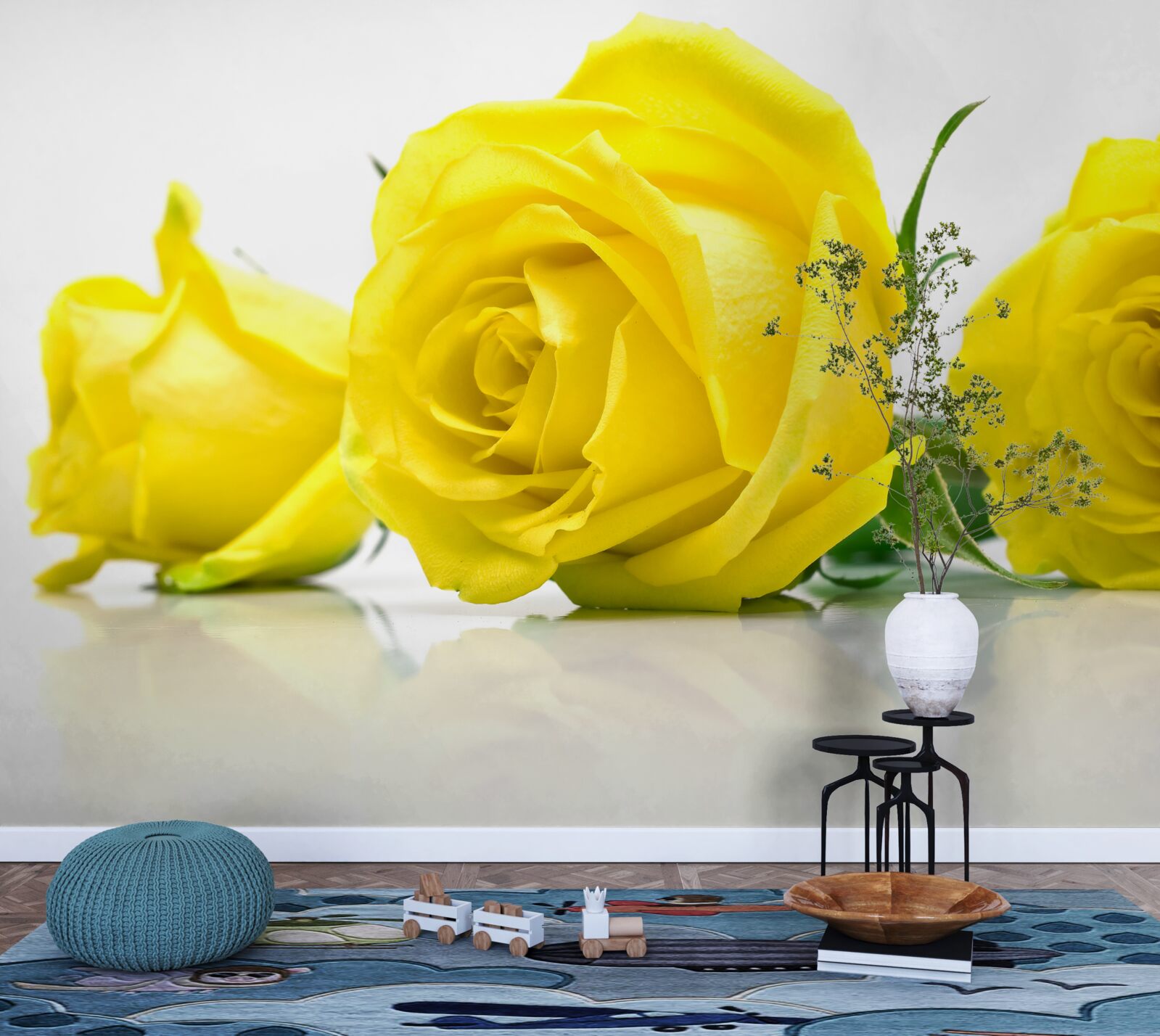 Papier peint trois belles roses jaunes