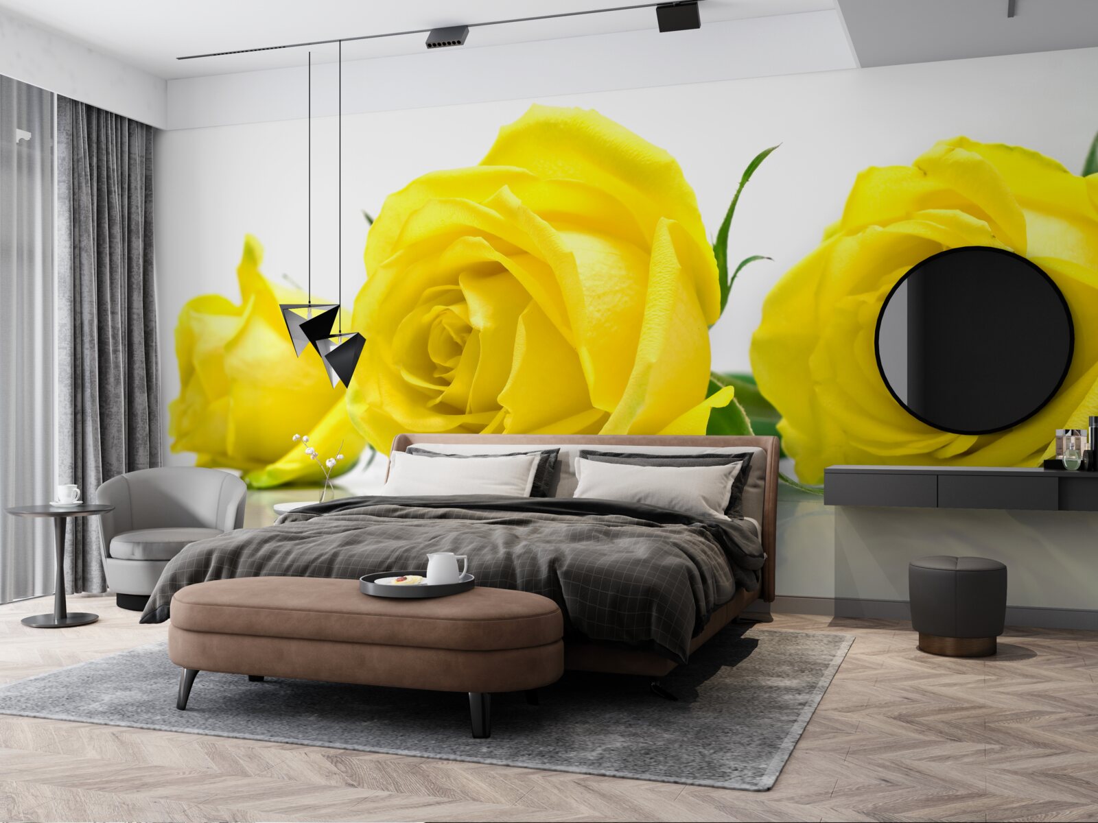 Papier peint trois belles roses jaunes