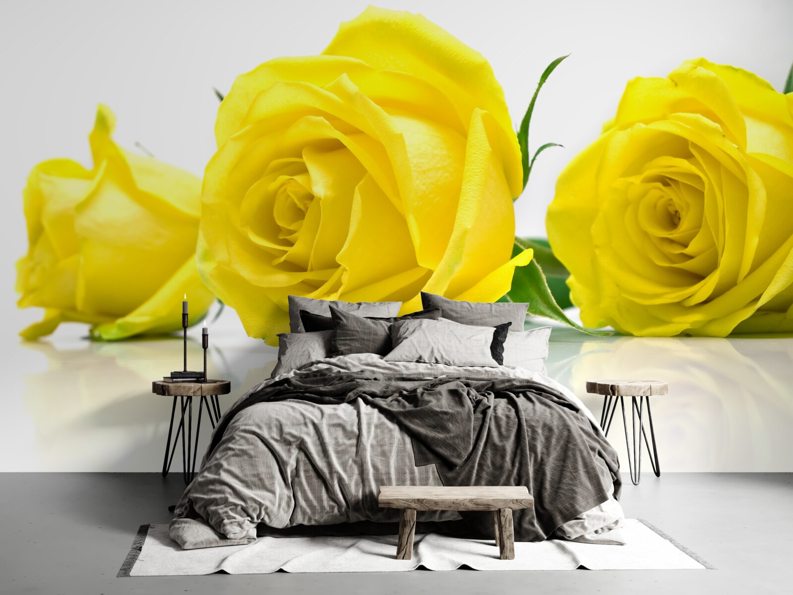 Papier peint trois belles roses jaunes