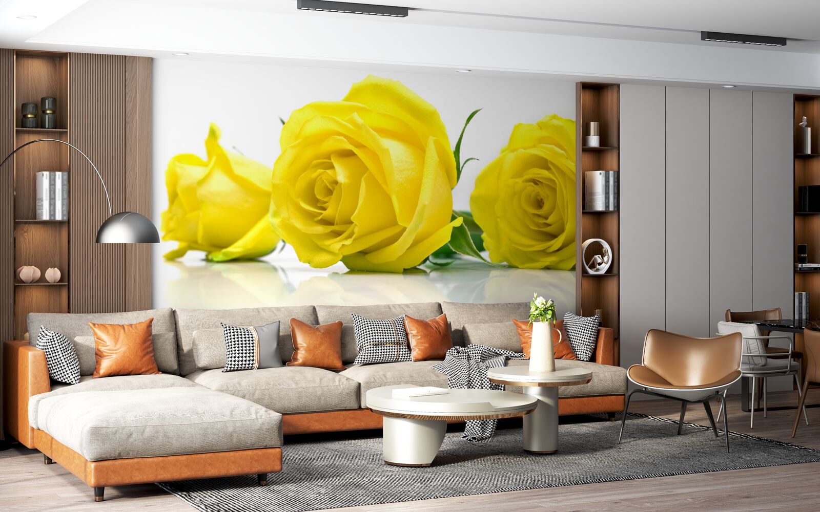 Papier peint trois belles roses jaunes